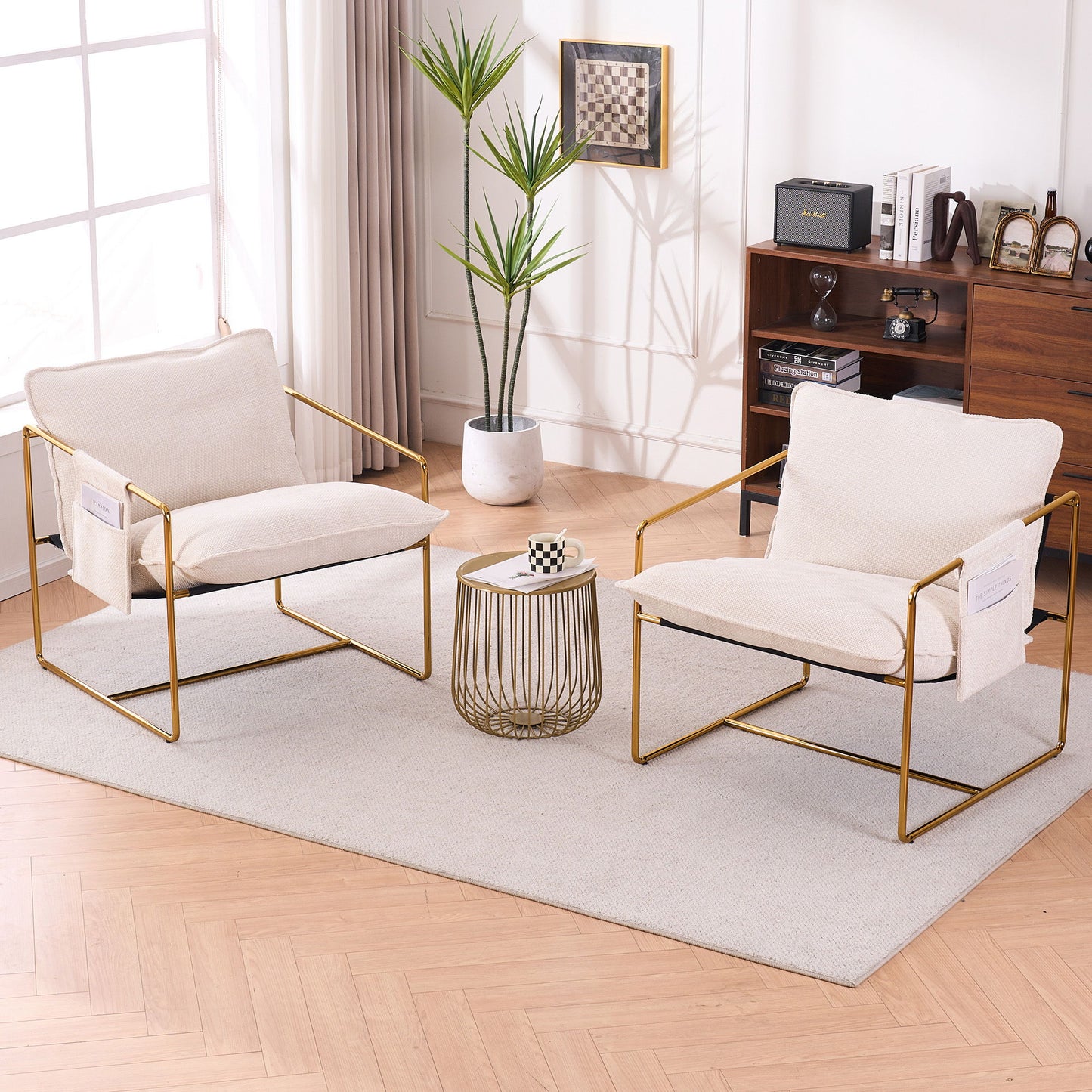 Upholstered Hanging Armchair With Arm Pocketsmetal Frame, Gold-Plated Craftsmanship, Crushed Foam Cushions And Skin-Friendly Woven Fabric For Living Room (Set of 2) - Beige