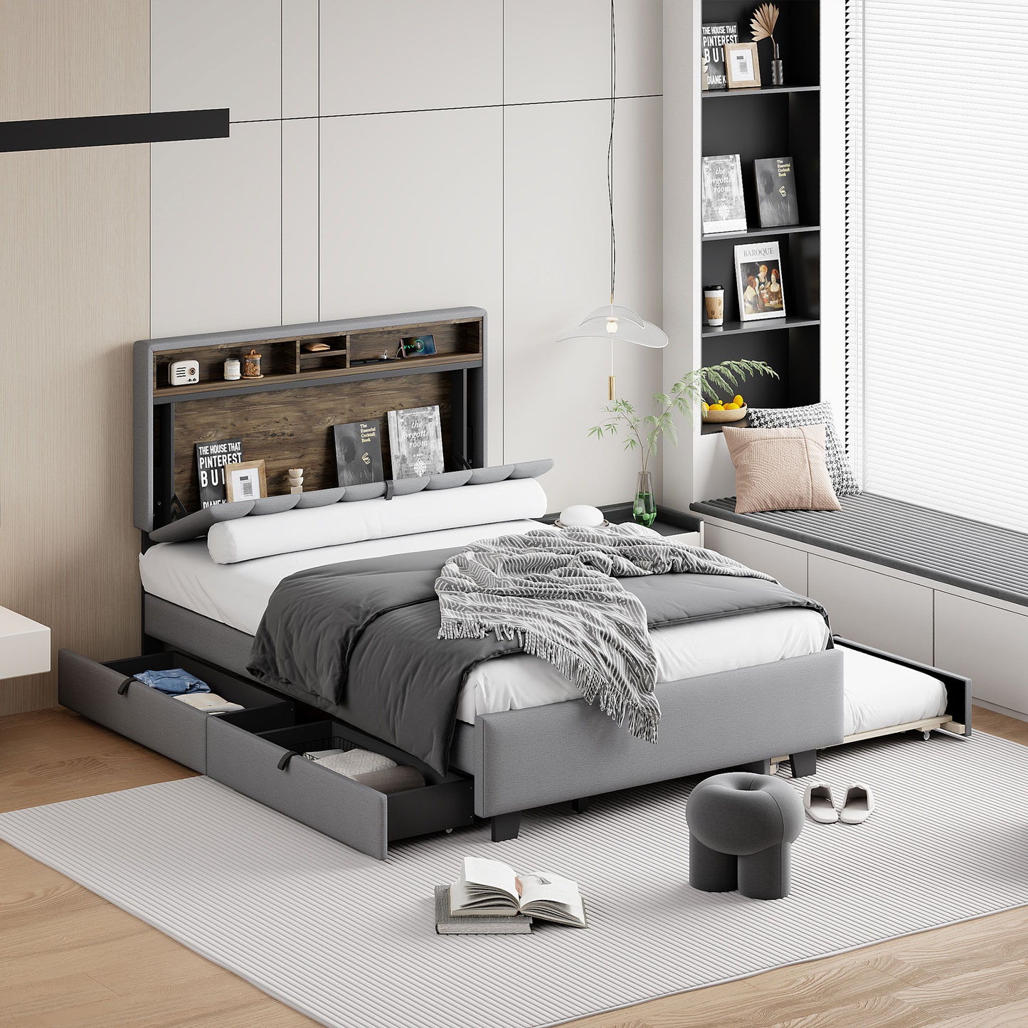 Full Size Upholstered Platform Bed With Storage Headboard, Twin Size Trundle & 2 Drawers And A Set Of Sockets & USB Ports - Gray