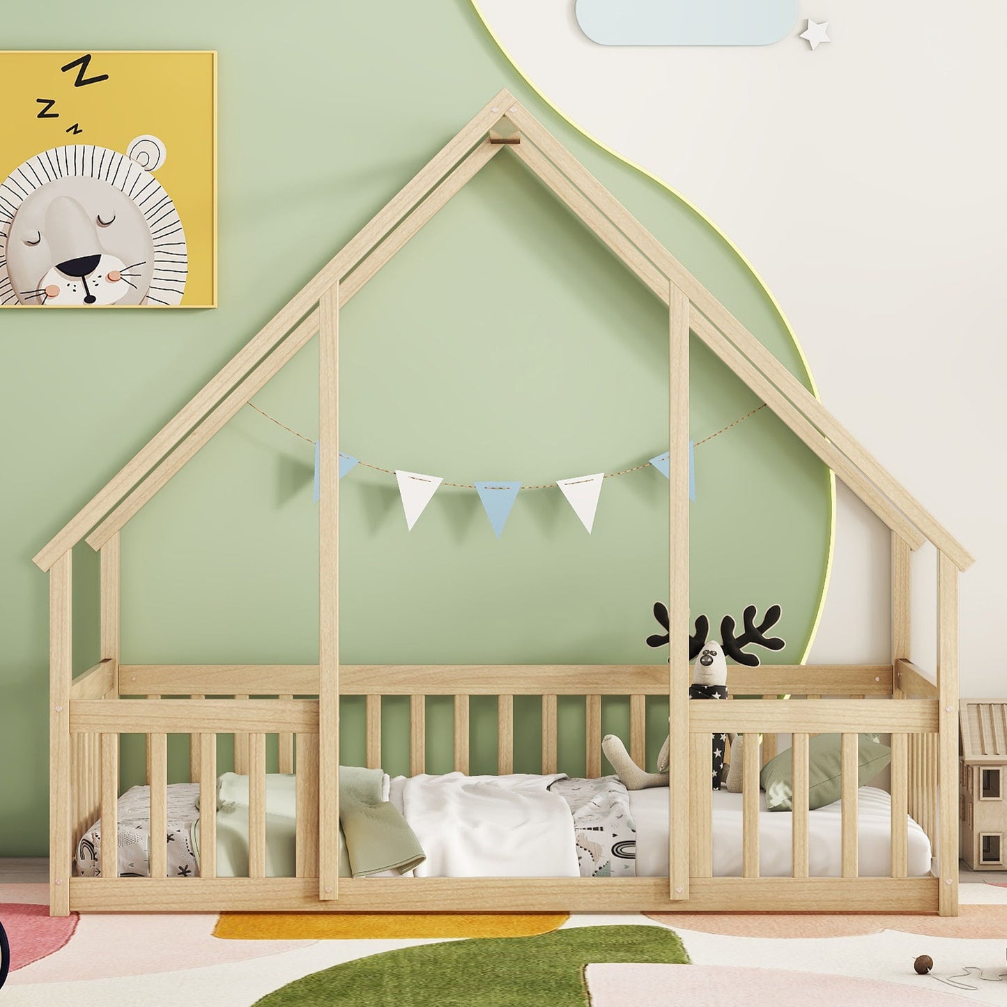 Twin Wood House-Shaped Floor Bed With Fence, Guardrails - Natural