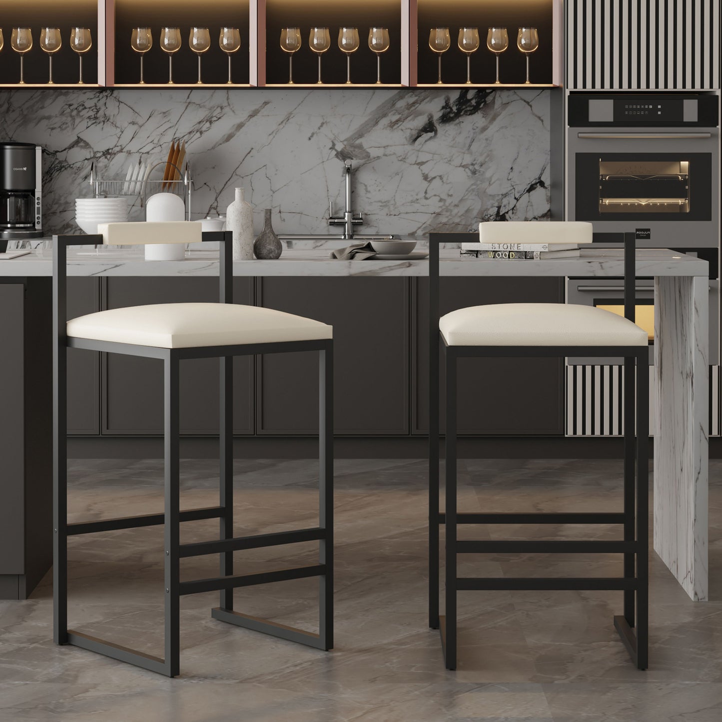 Modern Upholstered Bar Stools Set With Metal Frame For Counter Or Kitchen Island - Beige