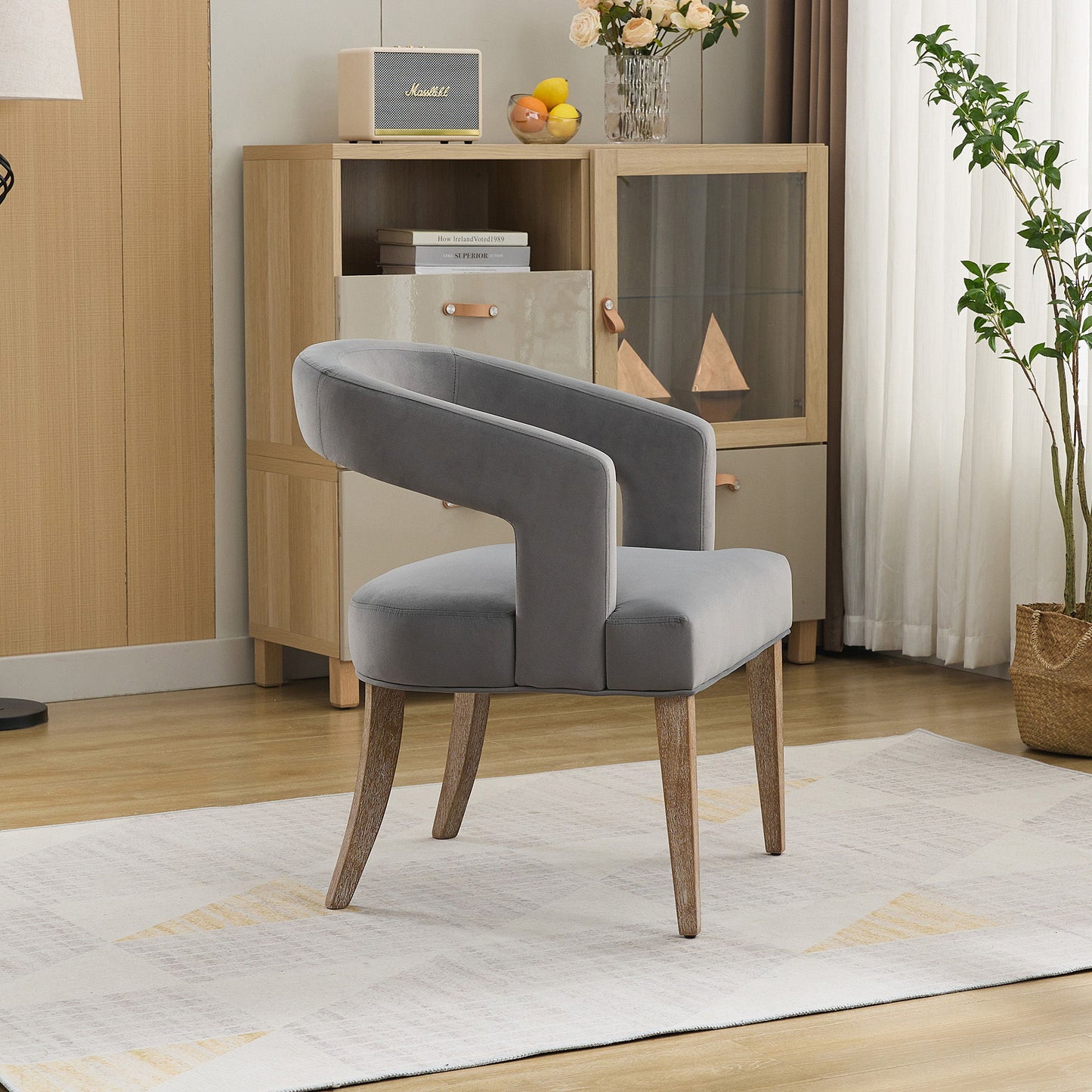 Wide Modern Barrel Open Back Upholstered Accent Chair With Weathered Solid Wood Legs Dining Chairs For Dining Room, Club, Kitchen - Gray
