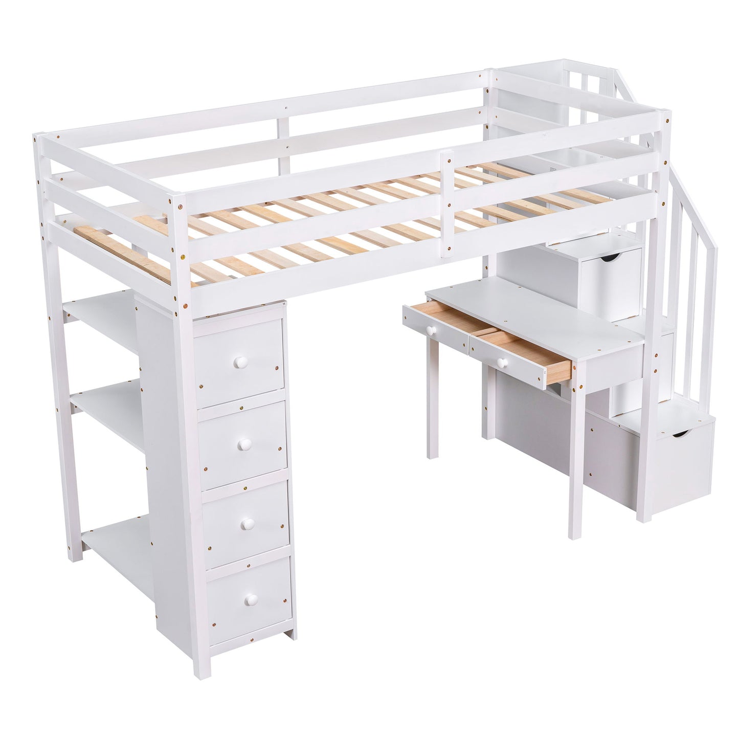Twin Size Loft Bed With Storage Drawers, Desk And Stairs With Shelves - White