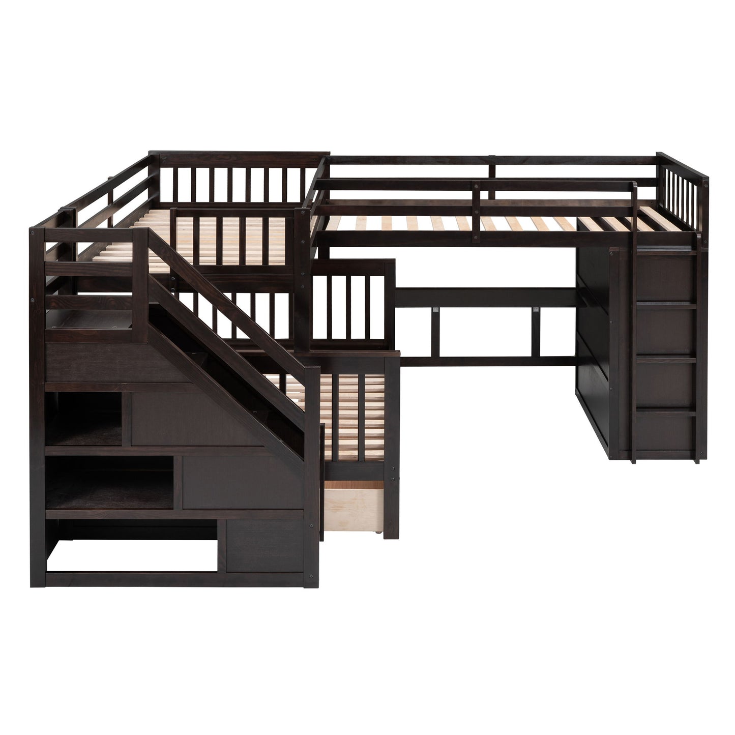 Twin Twin Over Full L Shaped Bunk Bed With 3 Drawers, Portable Desk And Wardrobe - Espresso