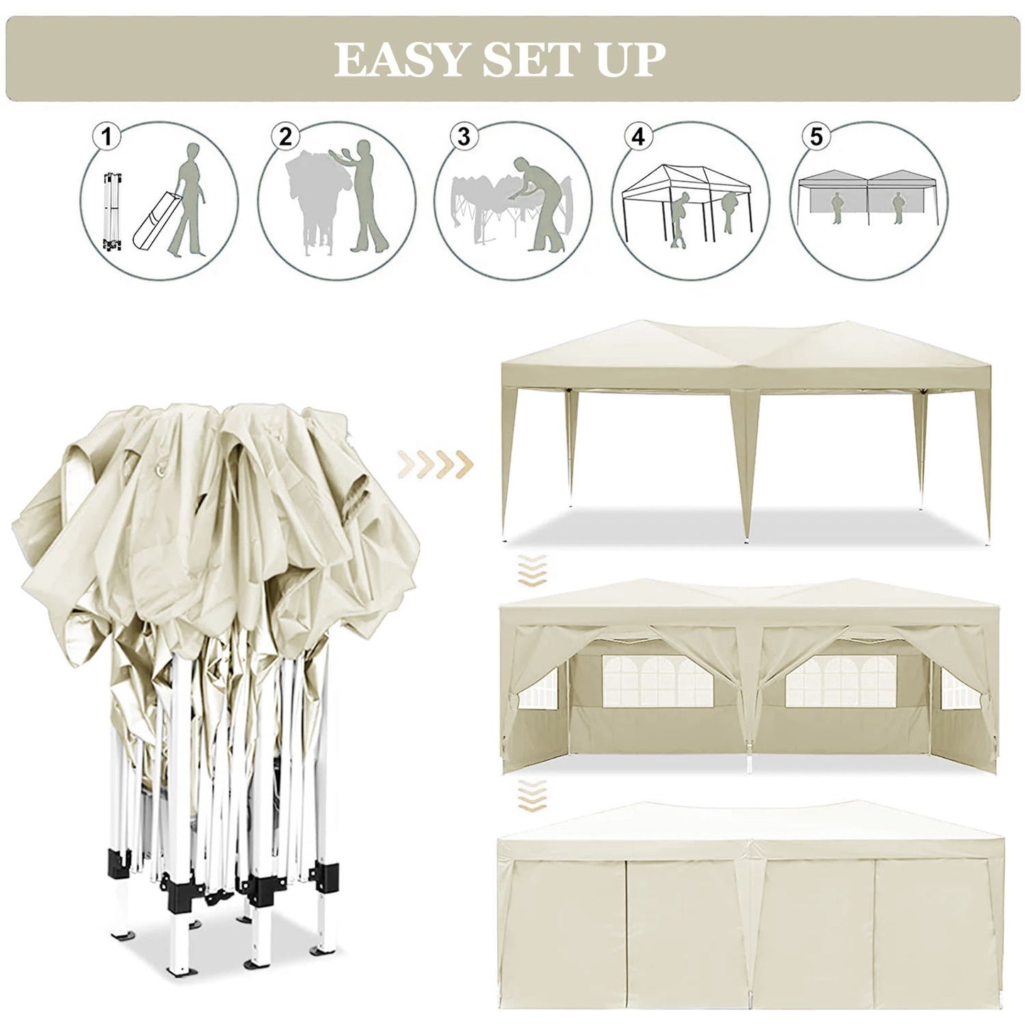 10'X20' Folding Canopy With 6 Removable Sidewalls Outdoor Event Shelter UPF 50+ Gazebo Portable Tents For Parties Beach Camping Wedding Ez Pop Up Canopy - Beige