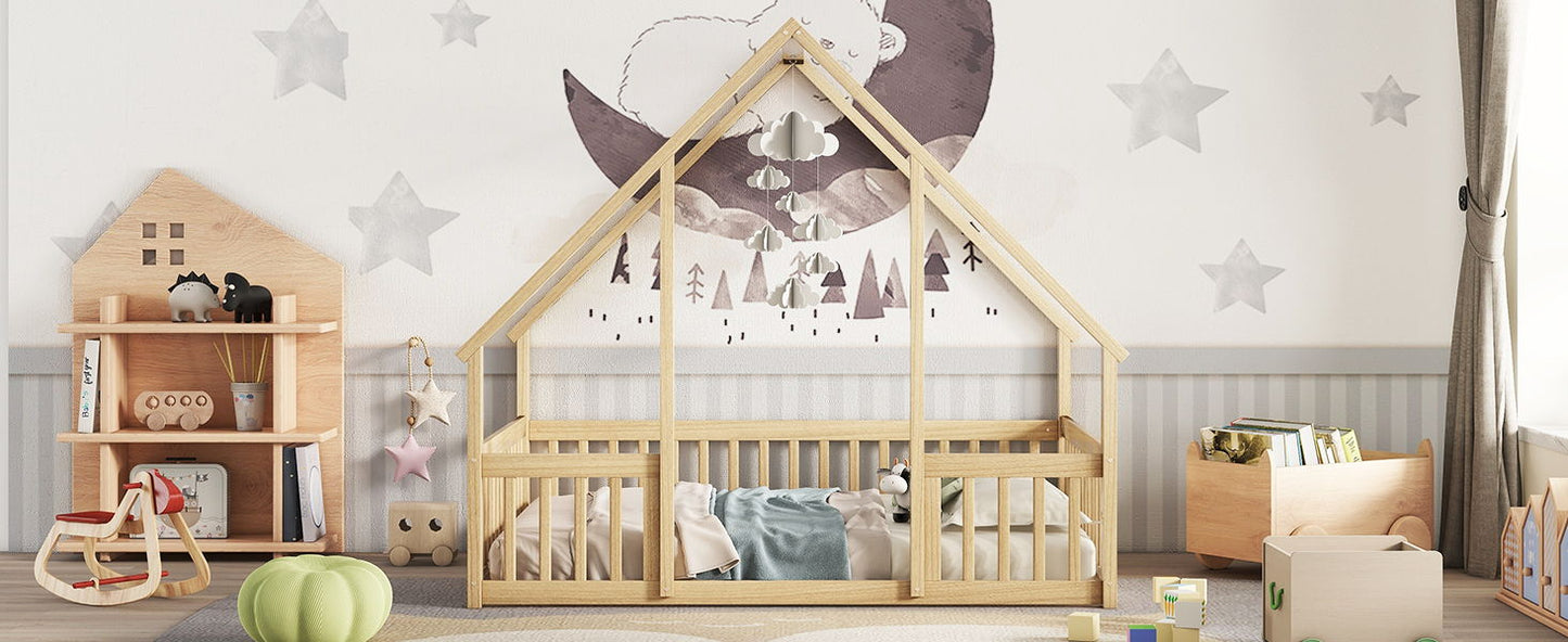 Full Wood House-Shaped Floor Bed With Fence, Guardrails - Natural