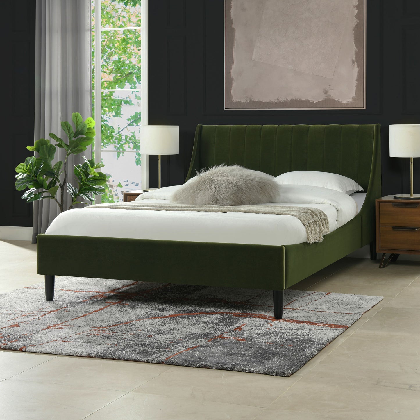 Aspen - Queen Vertical Tufted Modern Headboard Platform Bed Set - Olive Green