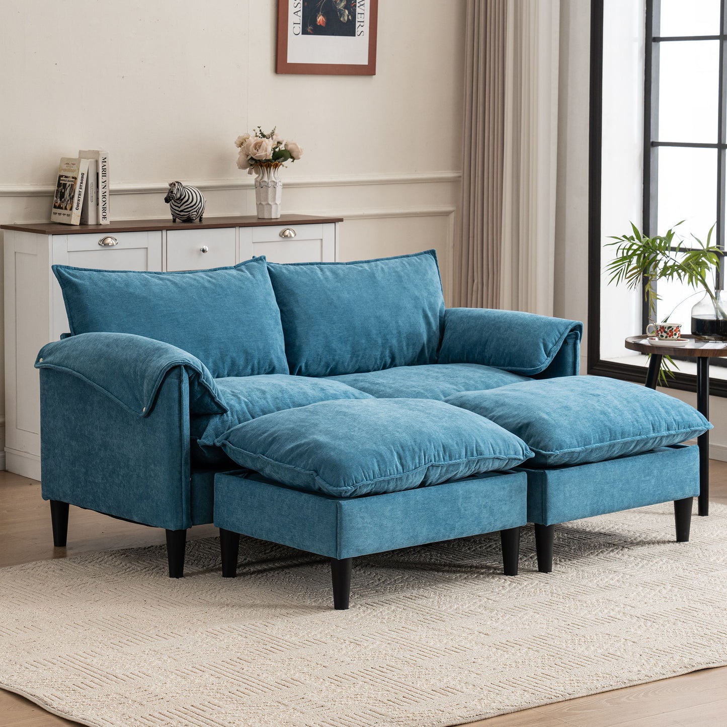 Convertible Combination Sofa, Sofa U Shaped, Sofa With Footstools With Storage Sofa For Living Room, Living Room 2 Seater Combination Sofa - Blue