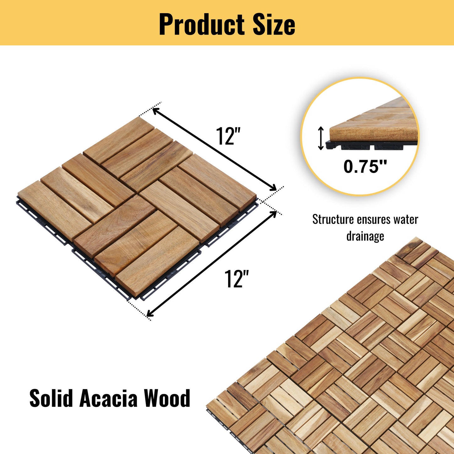 30 Piece Interlocking Deck Tiles Checker Pattern, Square Acacia Hardwood Outdoor Flooring For Patio, Bancony, Pool Side - Yellow