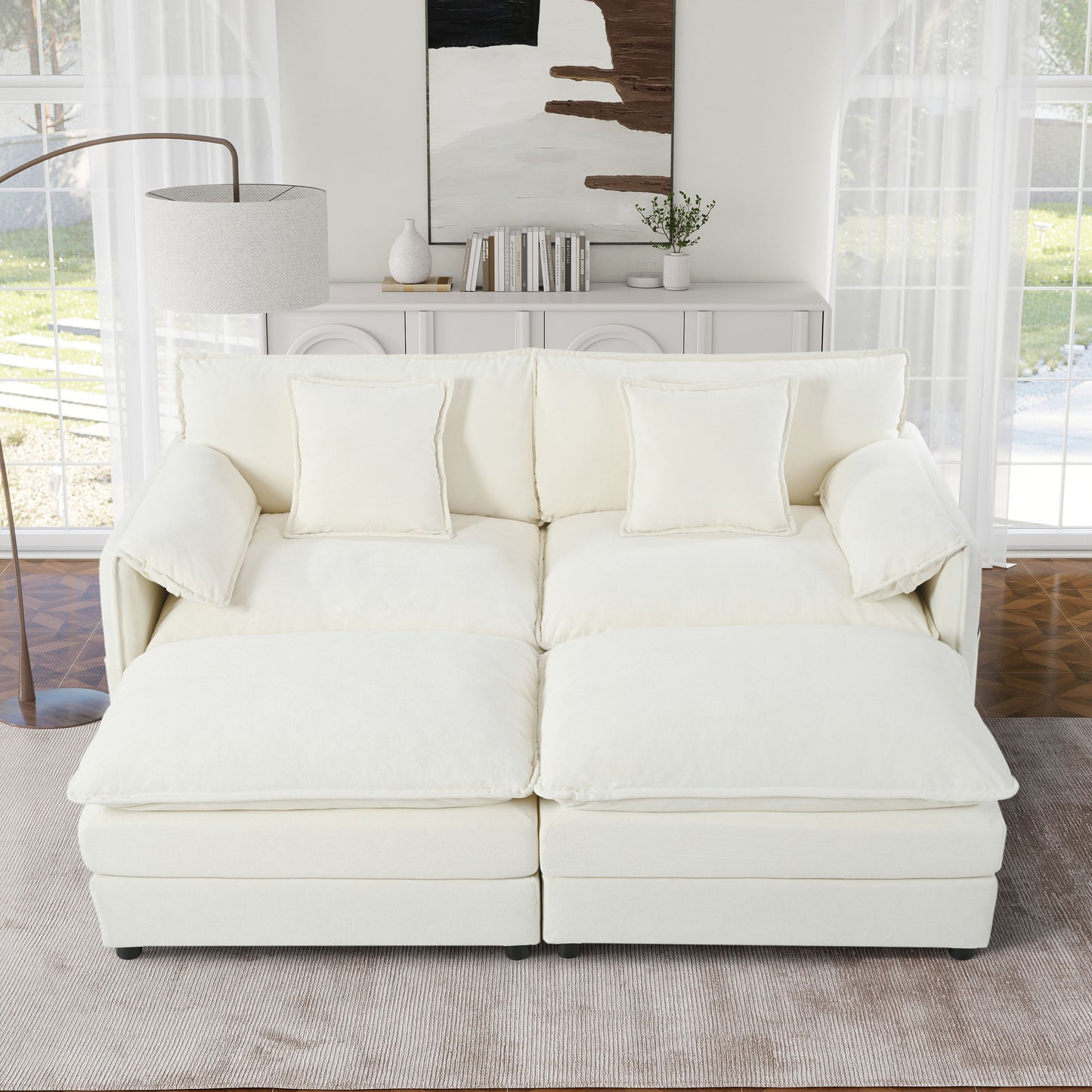 Deep Seat Sectional Cloud Sofa With 2 Ottomans & Soft Pillows, Modular Loveseat For Living Room - Beige Chenille 75.59X57.48X33.46 Inches