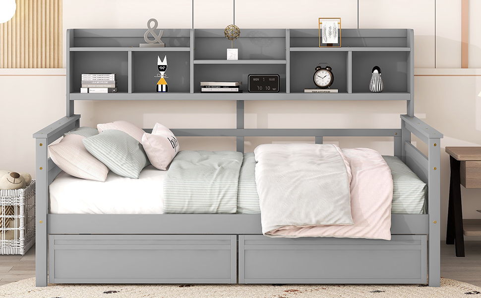 Full Size Daybed, Slat Support, With Bedside Shelf And 2 Drawers - Gray