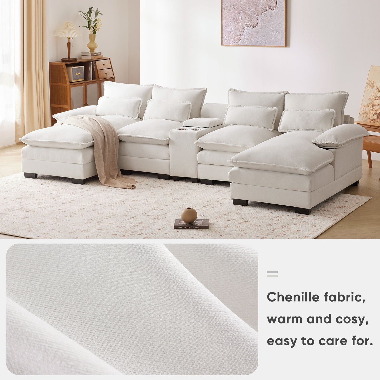 Modern U Shaped Sofa With Console, Cupholders And USB Ports, 6 Seat Upholstered Symmetrical Indoor Furniture, Sleeper Couch Set With Chaise - White
