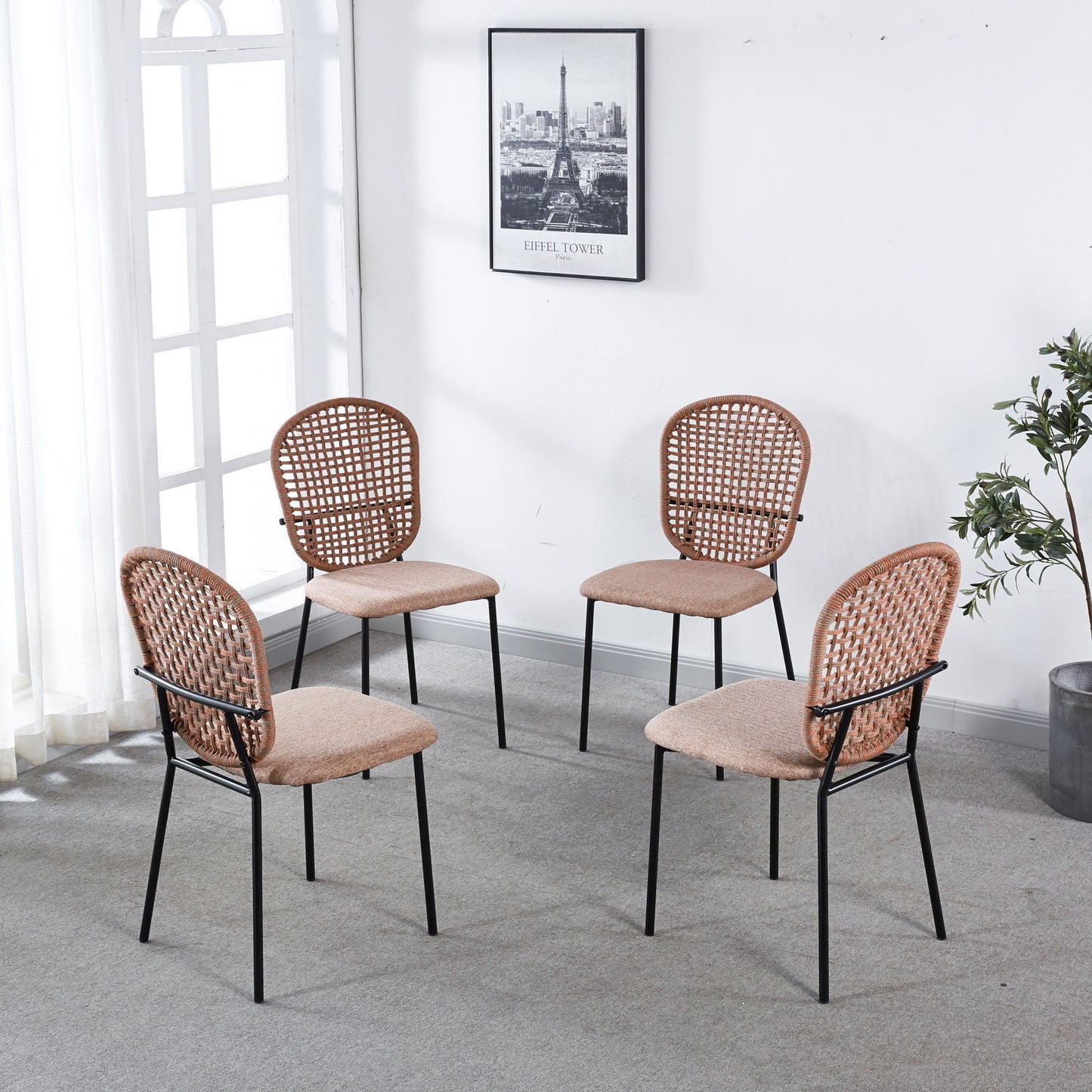 Sennit Chair, Dining Chair, Coffee Chair (Set of 4) - Black / Orange