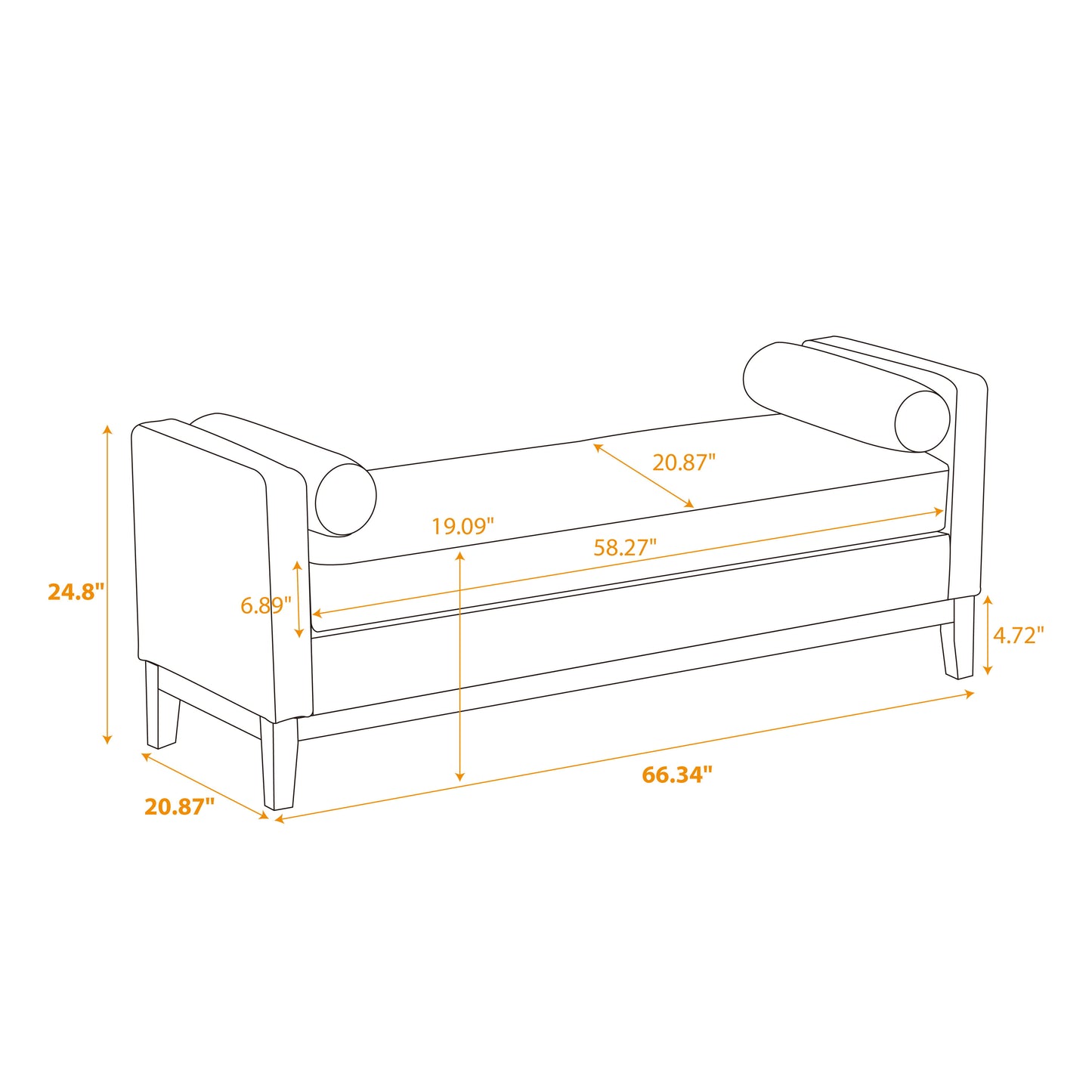Elegant Upholstered Bench Daybed Ottoman With Nature Wood Legs & Bolster Pillows - Ivory Boucle