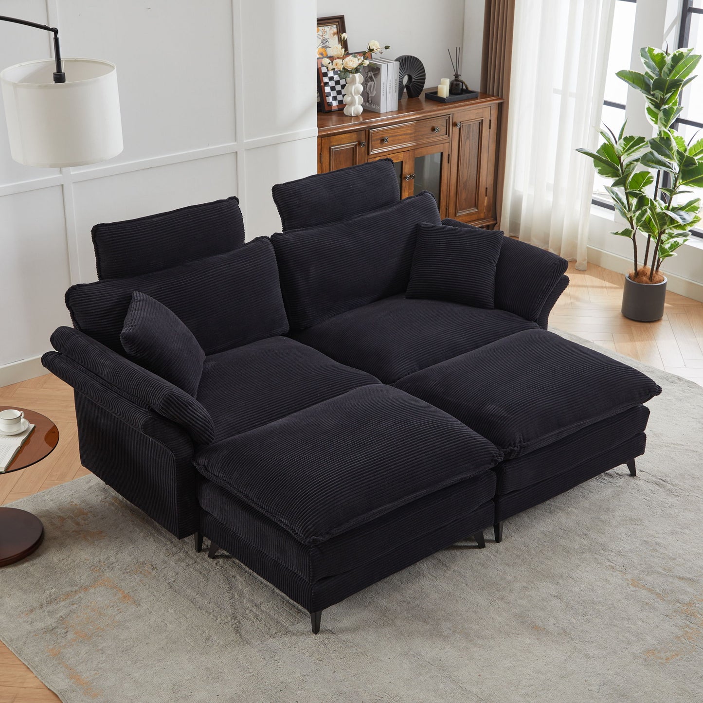 Modern Corduroy, Deep Seat Sectional Sofa With Ottomans, Comfortable Cloud Sofa - Black