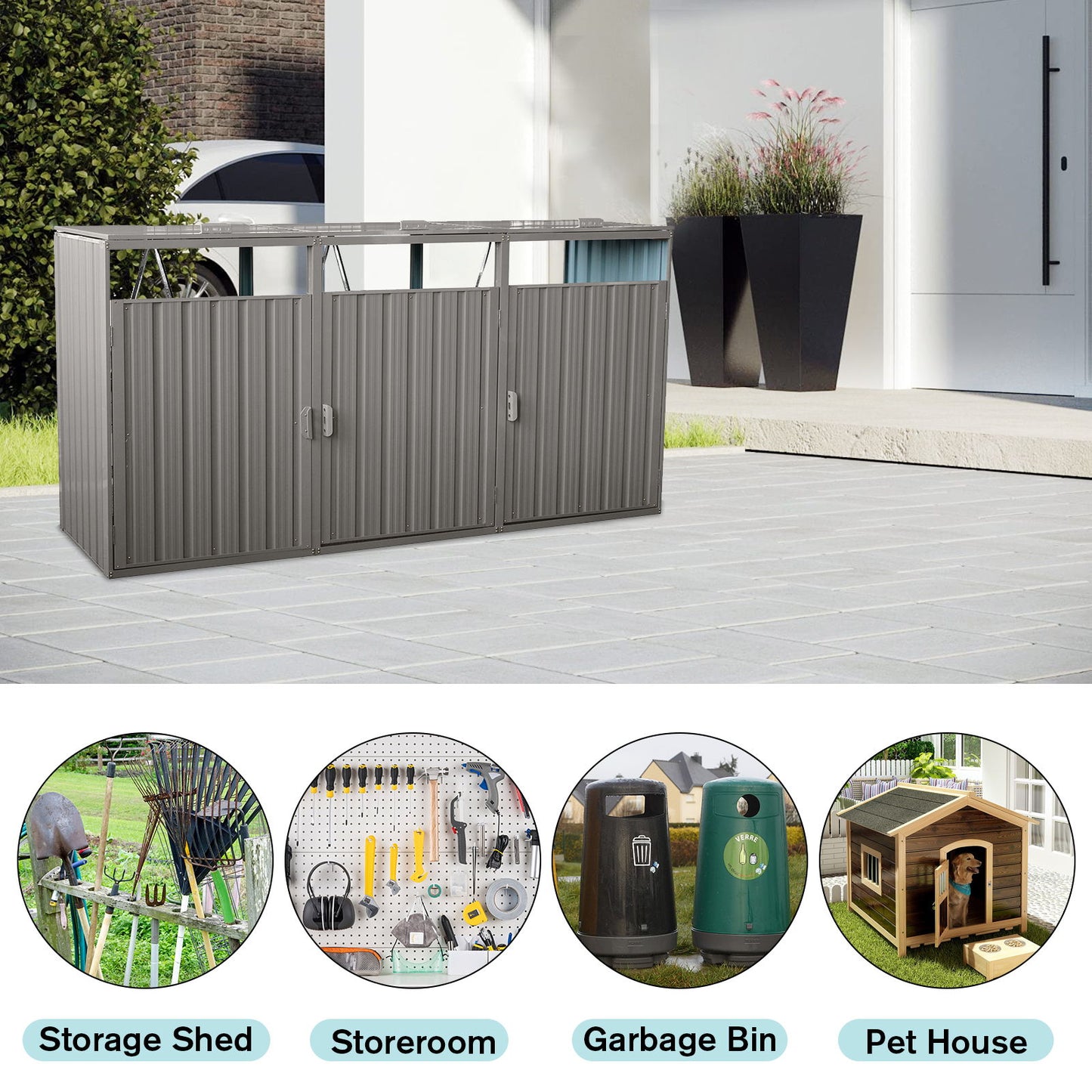 Garbage Bin Shed Stores 3 Trash Cans Metal Outdoor Bin Shed For Garbage Storage, Stainless Galvanized Steel, Bin Shed For Garden Yard Lawn - Gray