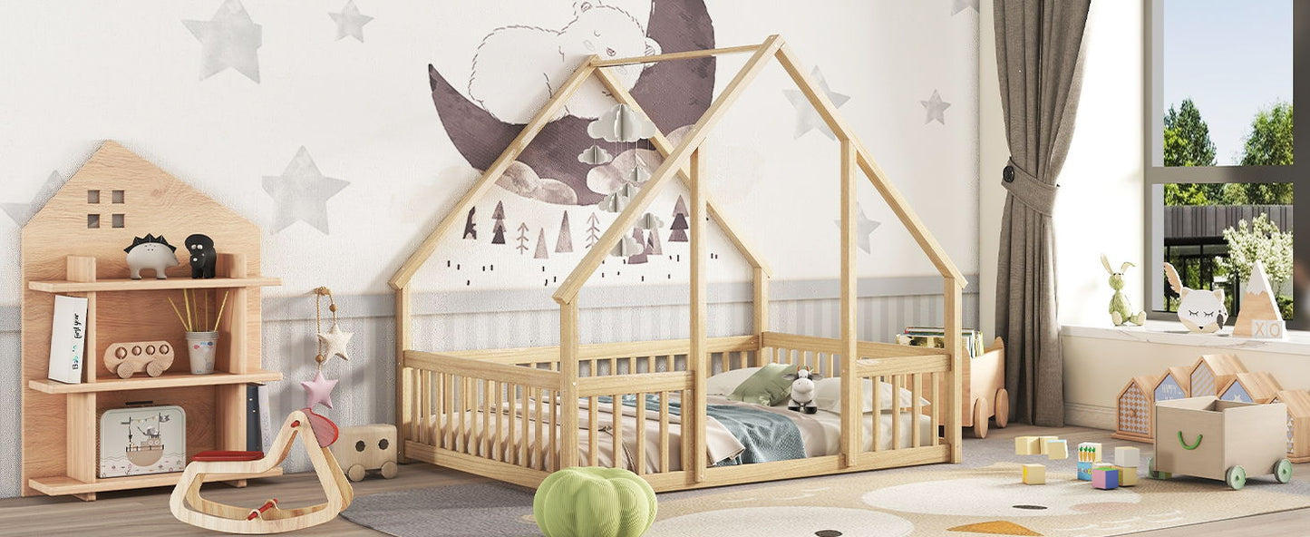 Full Wood House-Shaped Floor Bed With Fence, Guardrails - Natural