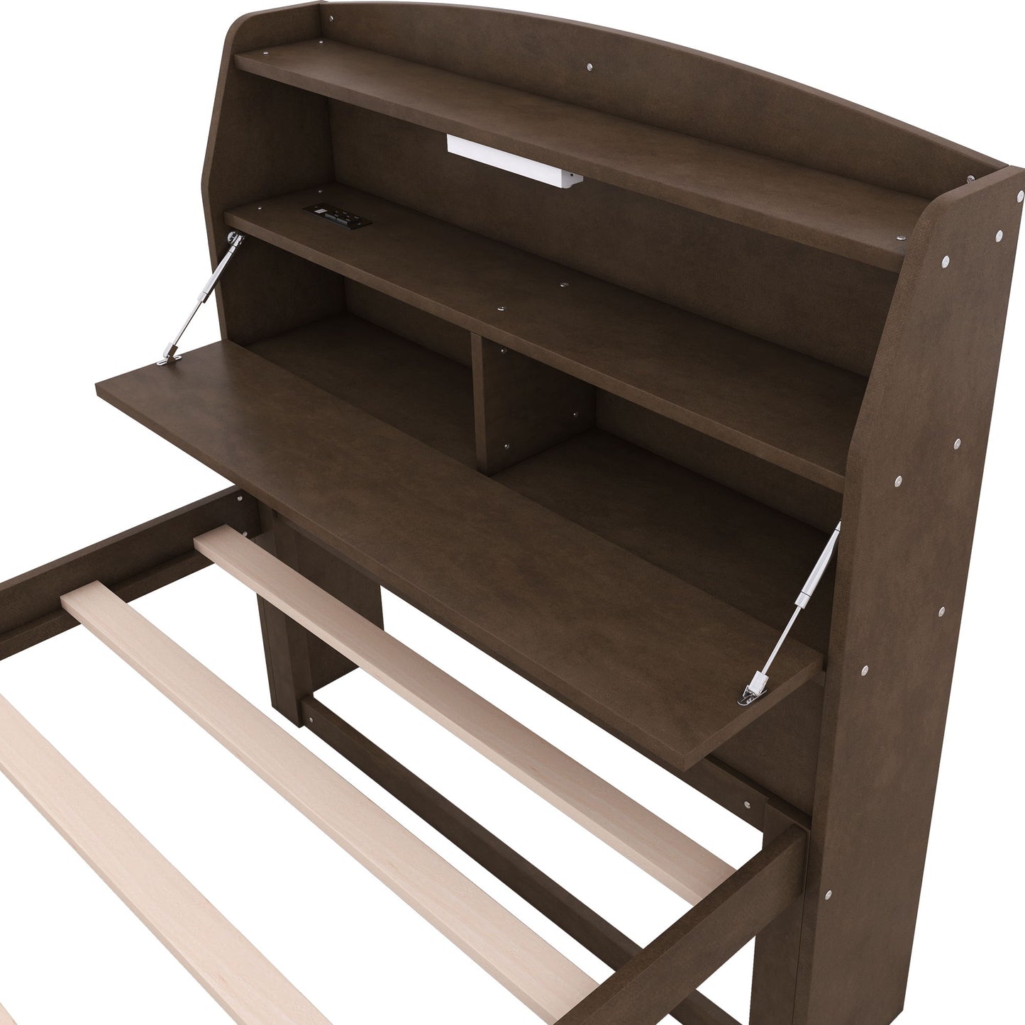 Twin Size LED Platform Bed With Trundle With Storage Headboard With Drawers - Brown