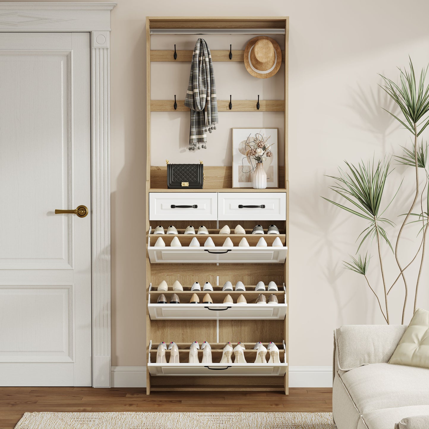 Shoe Cabinet With 3 Doors 2 Drawers With Hanger, Door With Shape, Large Space For Storage - White