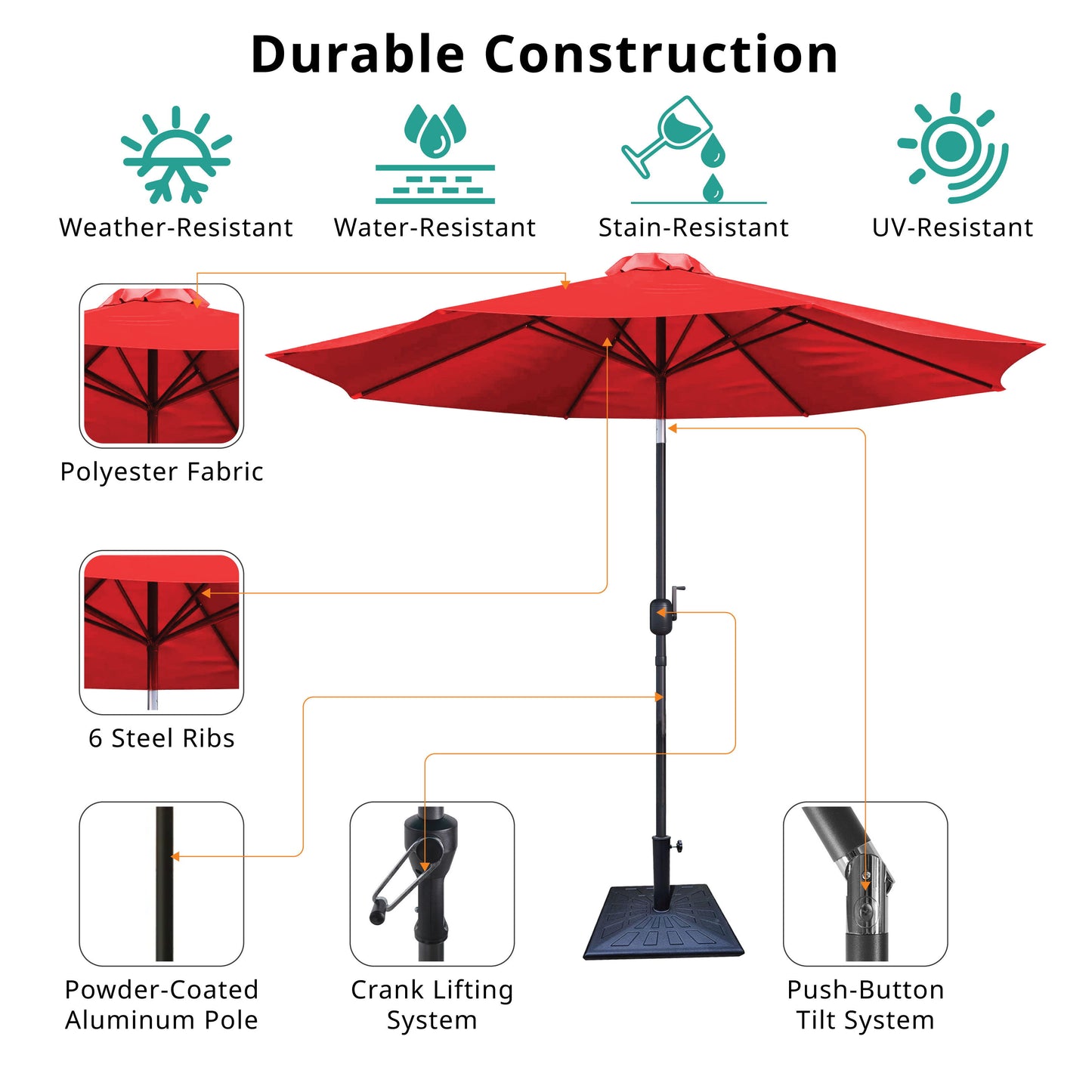 8.8' Outdoor Aluminum Patio Umbrella, Patio Umbrella, Market Umbrella With 42 Pound Square Resin Umbrella Base, Push Button Tilt And Crank Lift - Red