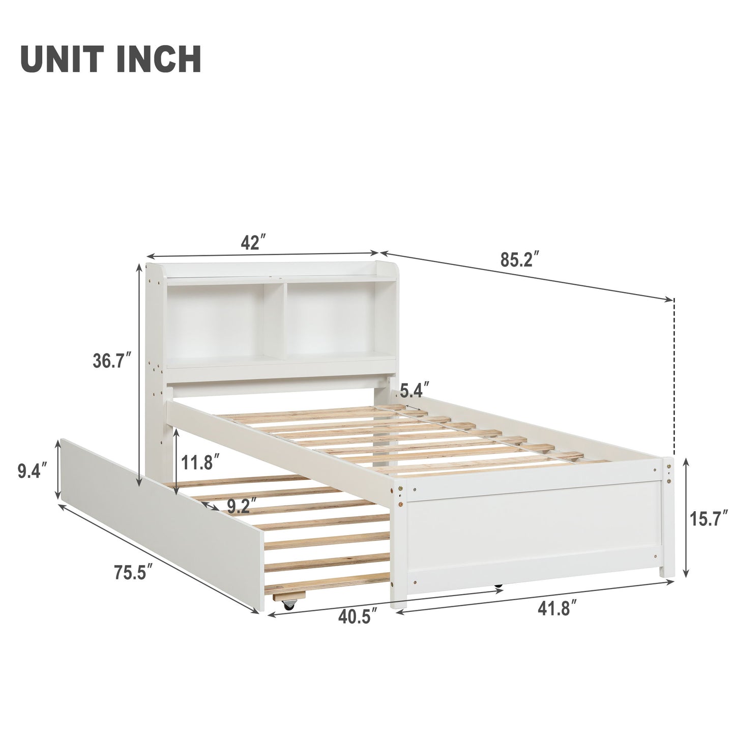 Twin Bed With Trundle, Bookcase - White