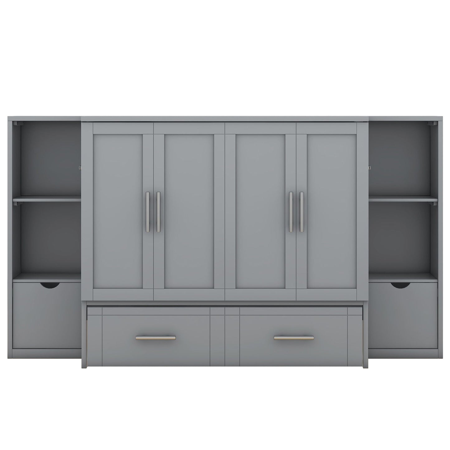 Queen Size Murphy Bed With Shelves, Drawers And USB Ports - Gray