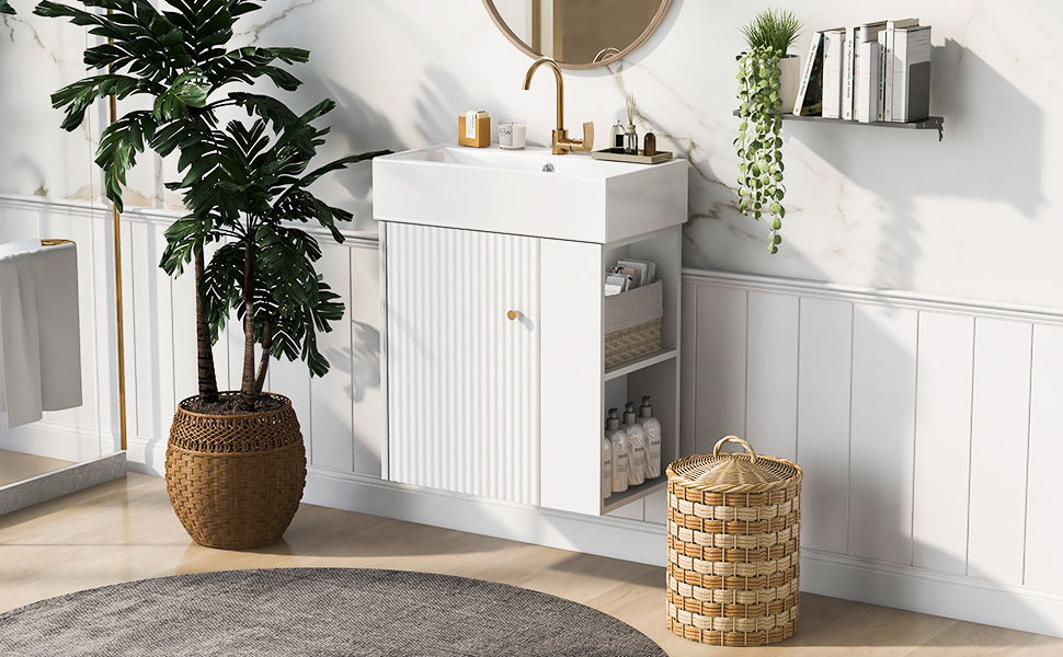 Modern Floating Bathroom Vanity With Ceramic Basin Perfect For Small Bathrooms, Right Side Storage - White