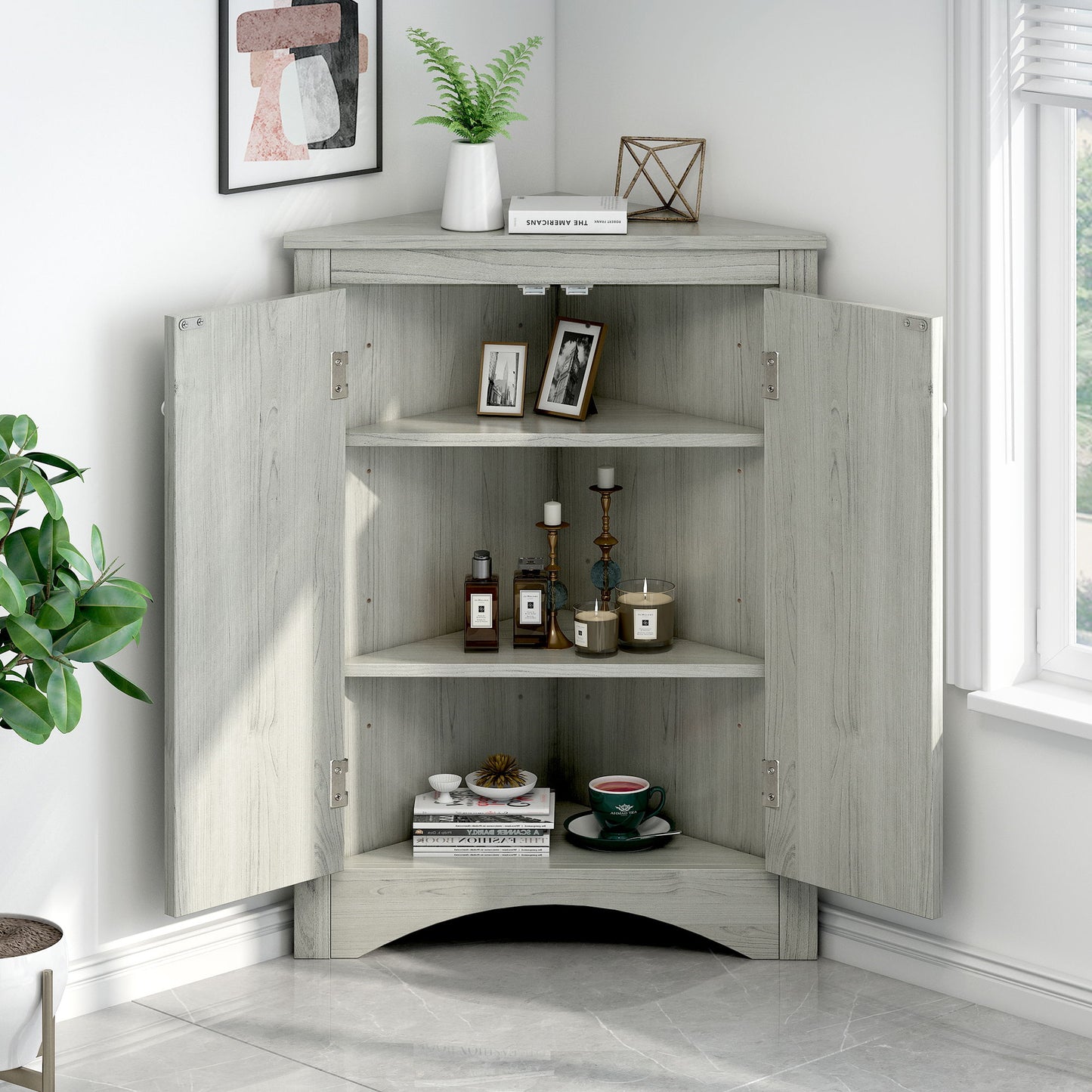 Triangle Bathroom Storage Cabinet With Adjustable Shelves, Freestanding Floor Cabinet For Home Kitchen - Oak
