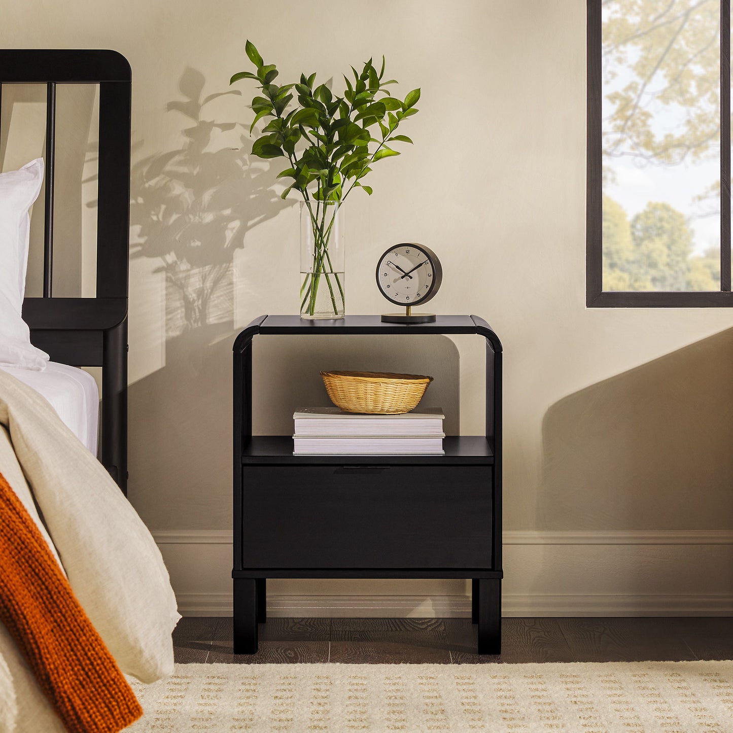 Modern Minimalist Curved Top Nightstand - Black