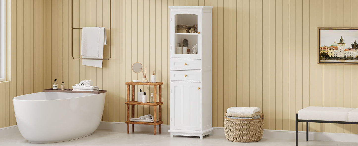 Tall Bathroom Storage Cabinet With Glass Doors, Free-Standing, Two Drawers, And Adjustable Shelves, MDF Board, Painted Perfect For Displaying Your Favorite Items - White