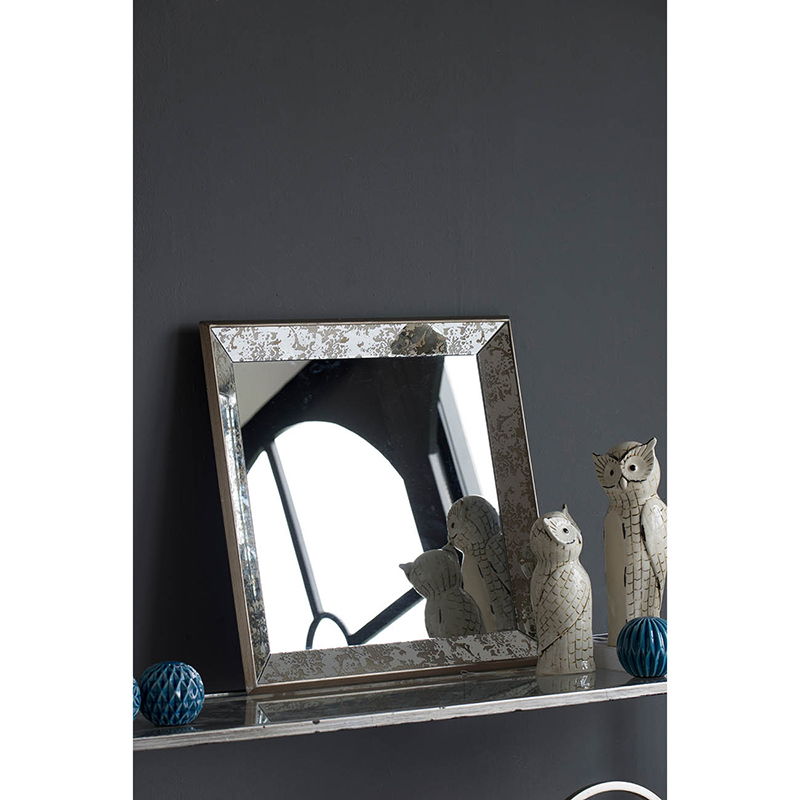 Antique Square Mirror With Floral Accents Decorative Display Tray, Hanging Mirror, Traditional Home Decor - Silver