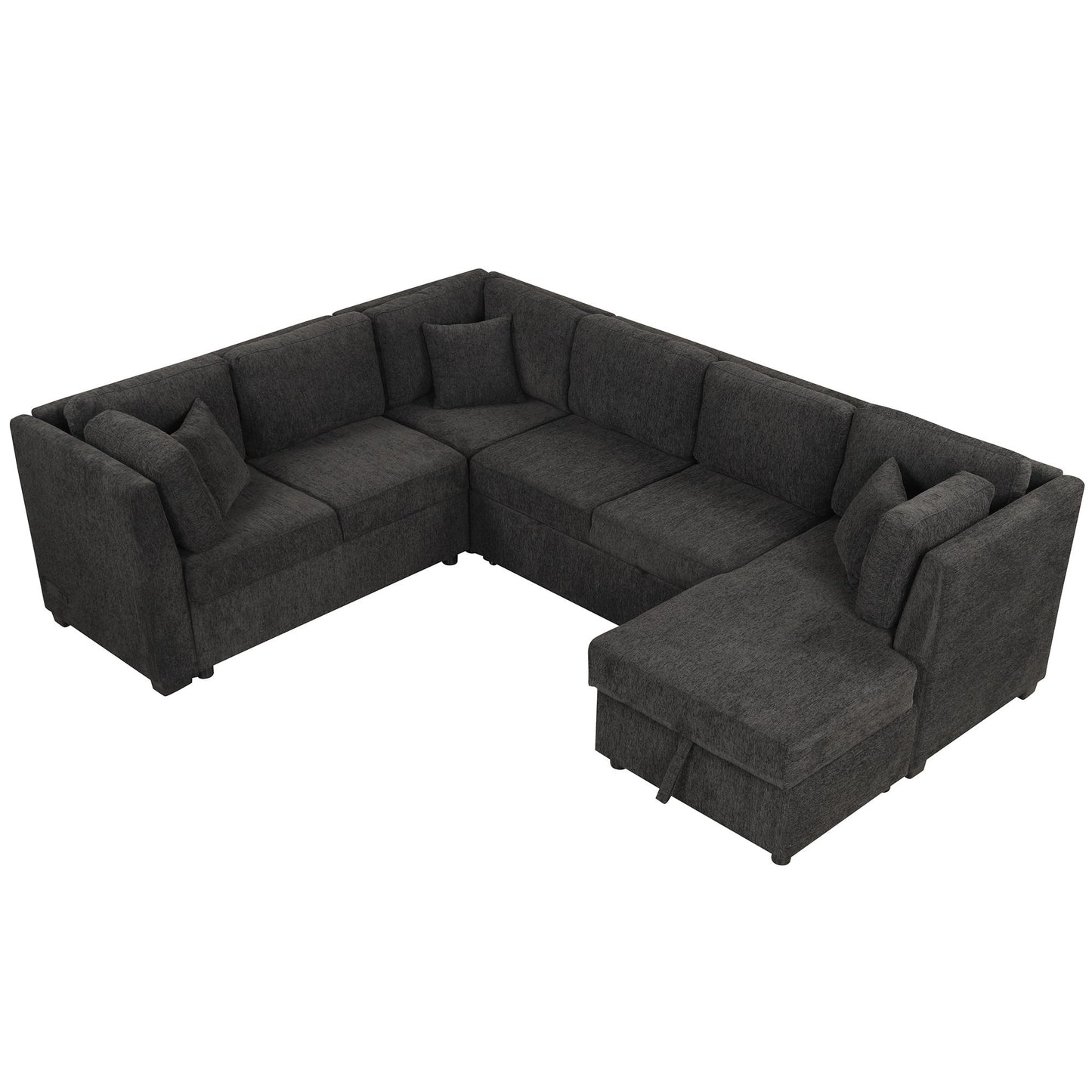 U-Shaped Sectional Sofa Pull Out Sofa Bed With Two USB Ports, Two Power Sockets, Three Back Pillows And A Storage Chaise For Living Room - Black