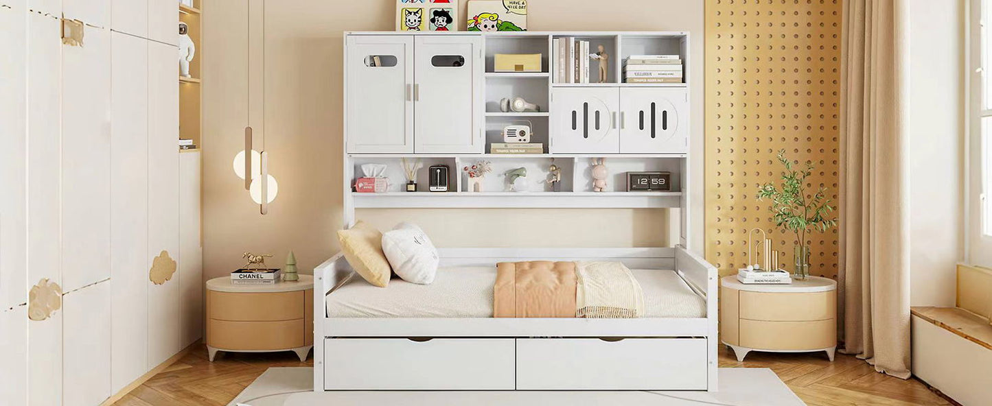 Full Size Daybed With 2 Drawers And All In One Cabinet And Shelf - White