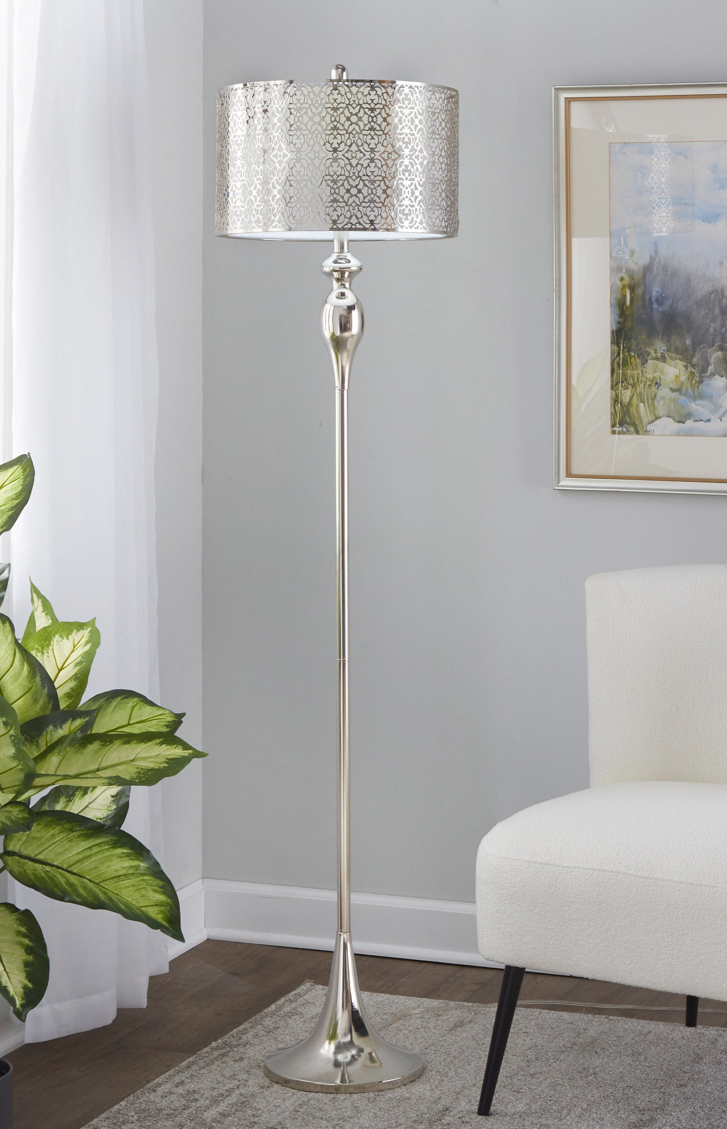 Ashland - Contemporary Floor Lamp Laser Cut - Polished Nickel / White