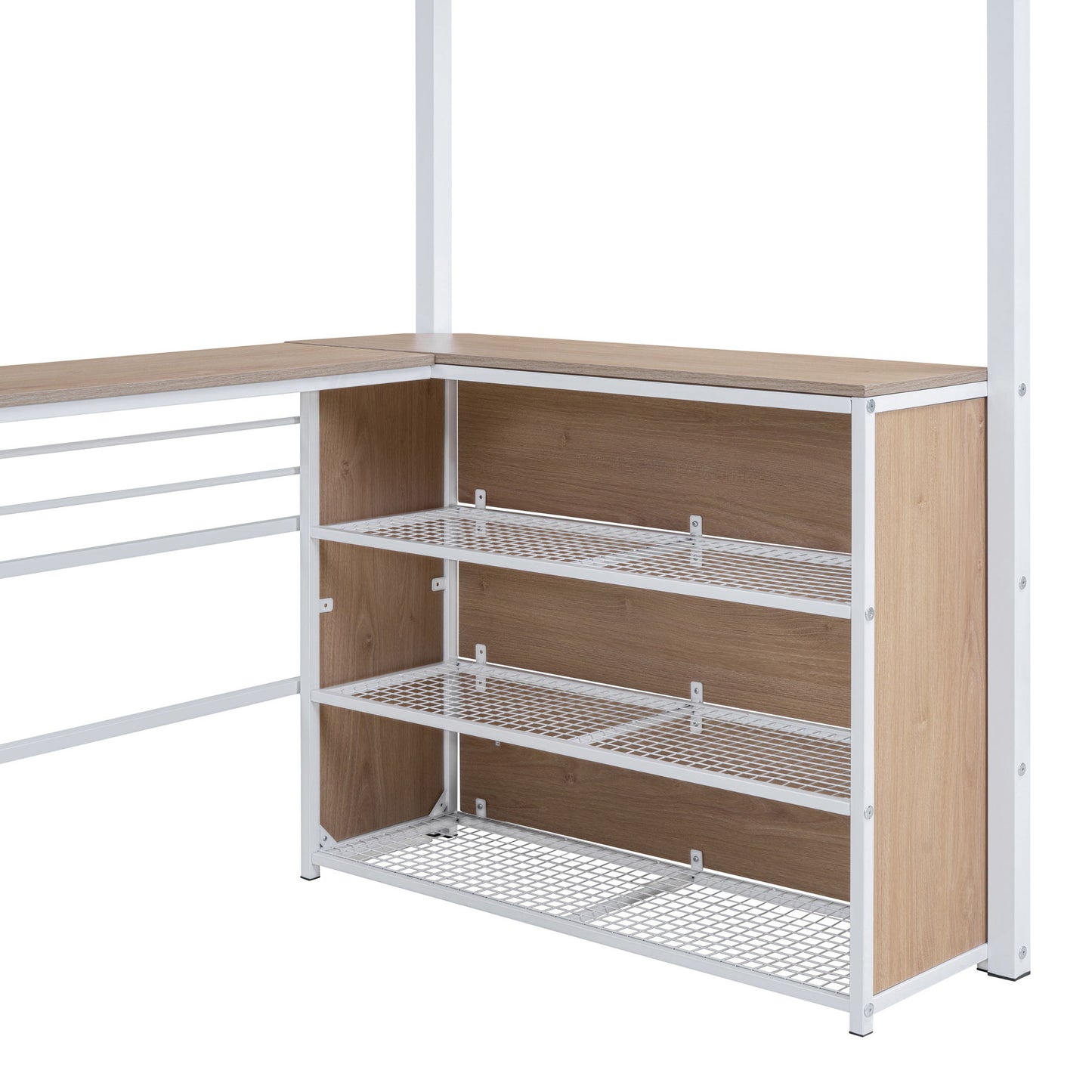Twin Size Loft Bed With 3 Layers Of Shelves And L-Shaped Desk - White