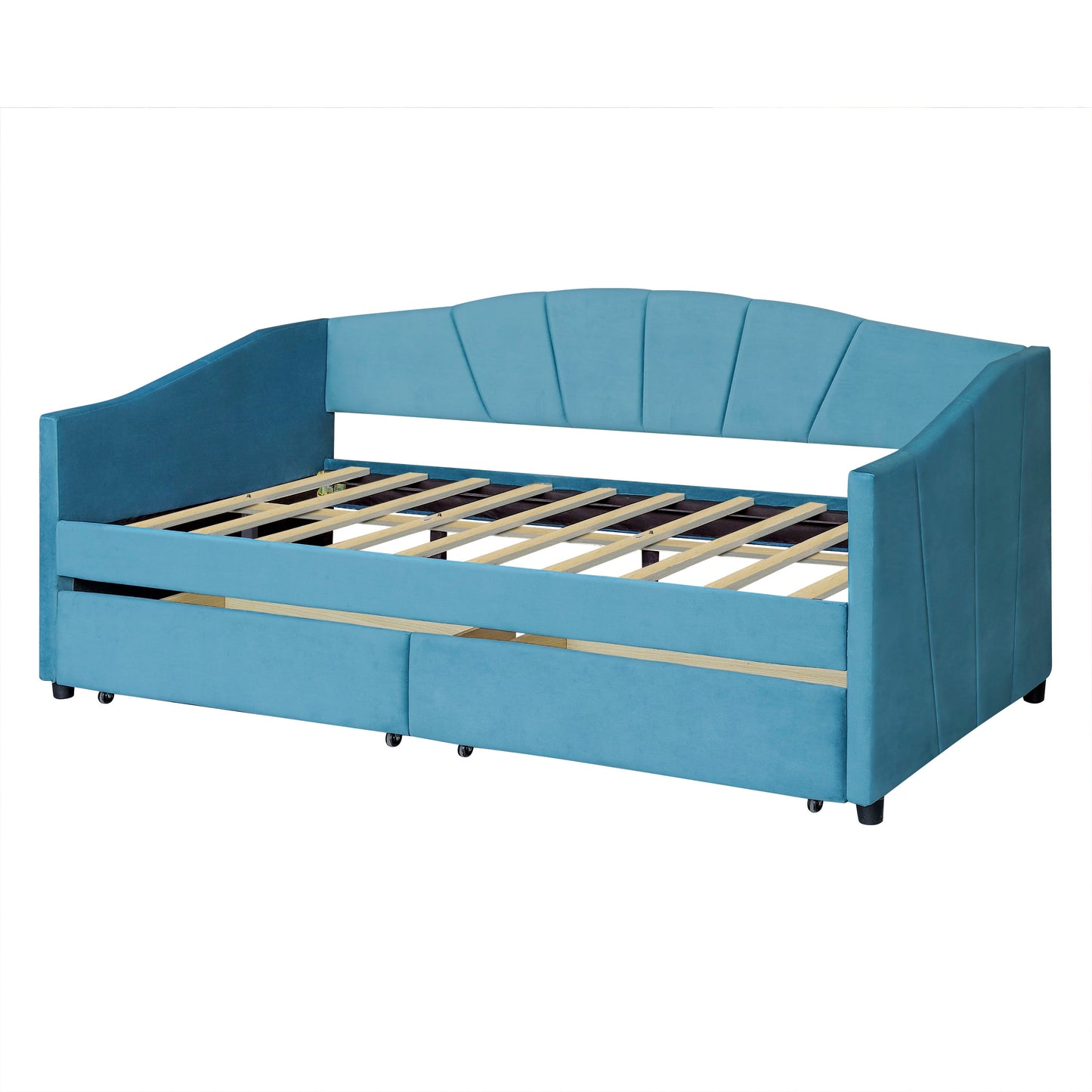 Twin Size Upholstered Daybed With Two Drawers And Slat - Blue