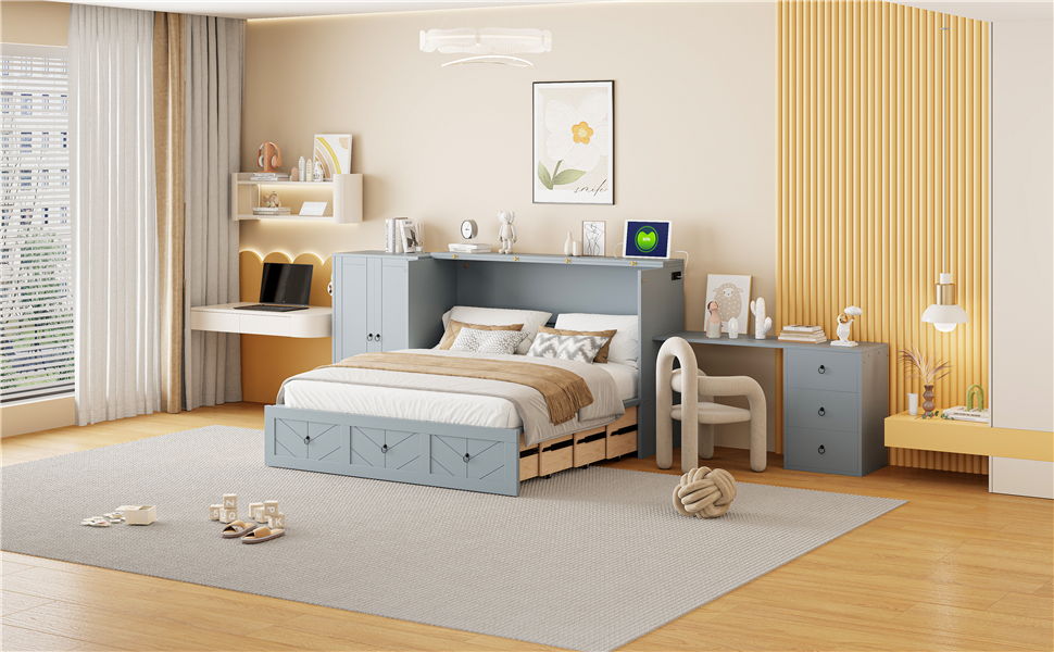 Queen Size Murphy Bed With USB Port, Large Drawer, And Wardrobe / Desk Combo Versatile Cabinet Bed - Gray