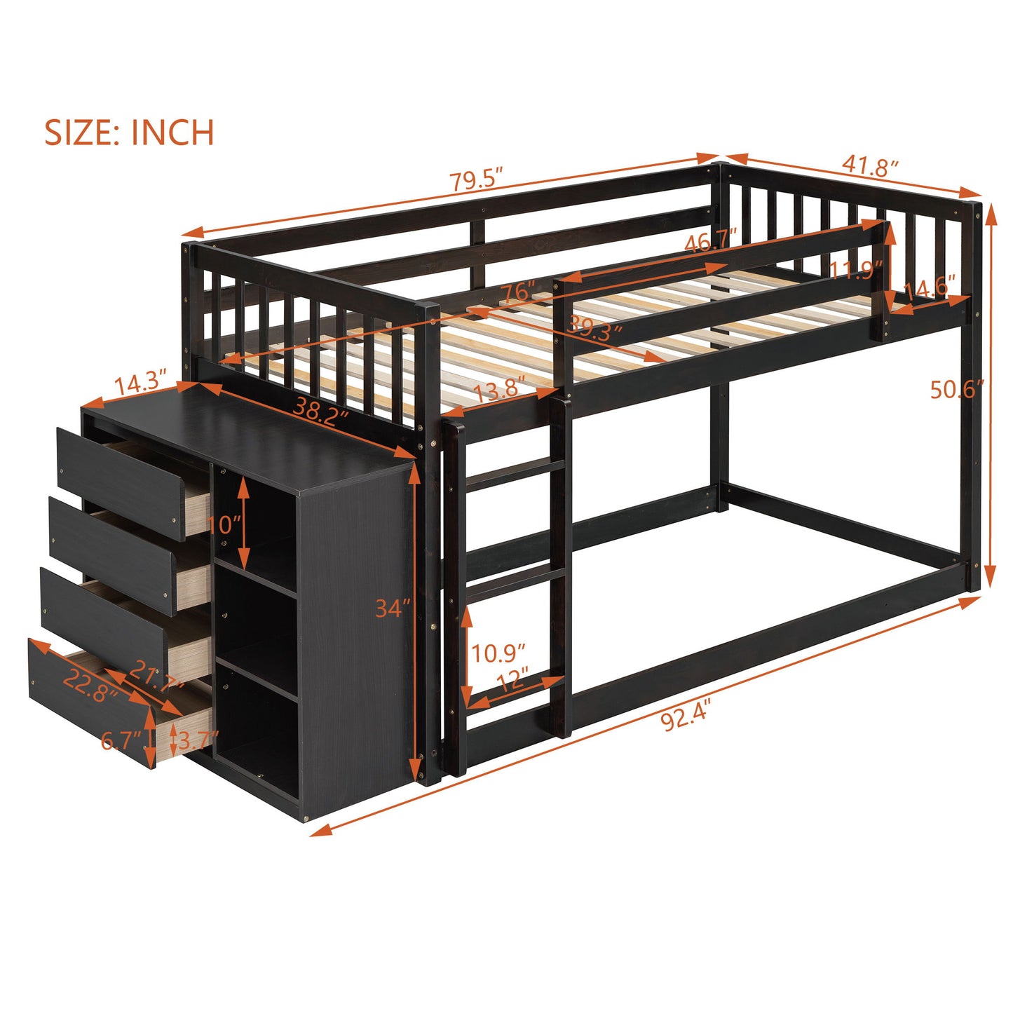 Twin Over Twin Classic Bunk Bed With 4 Drawers And 3 Shelves - Espresso