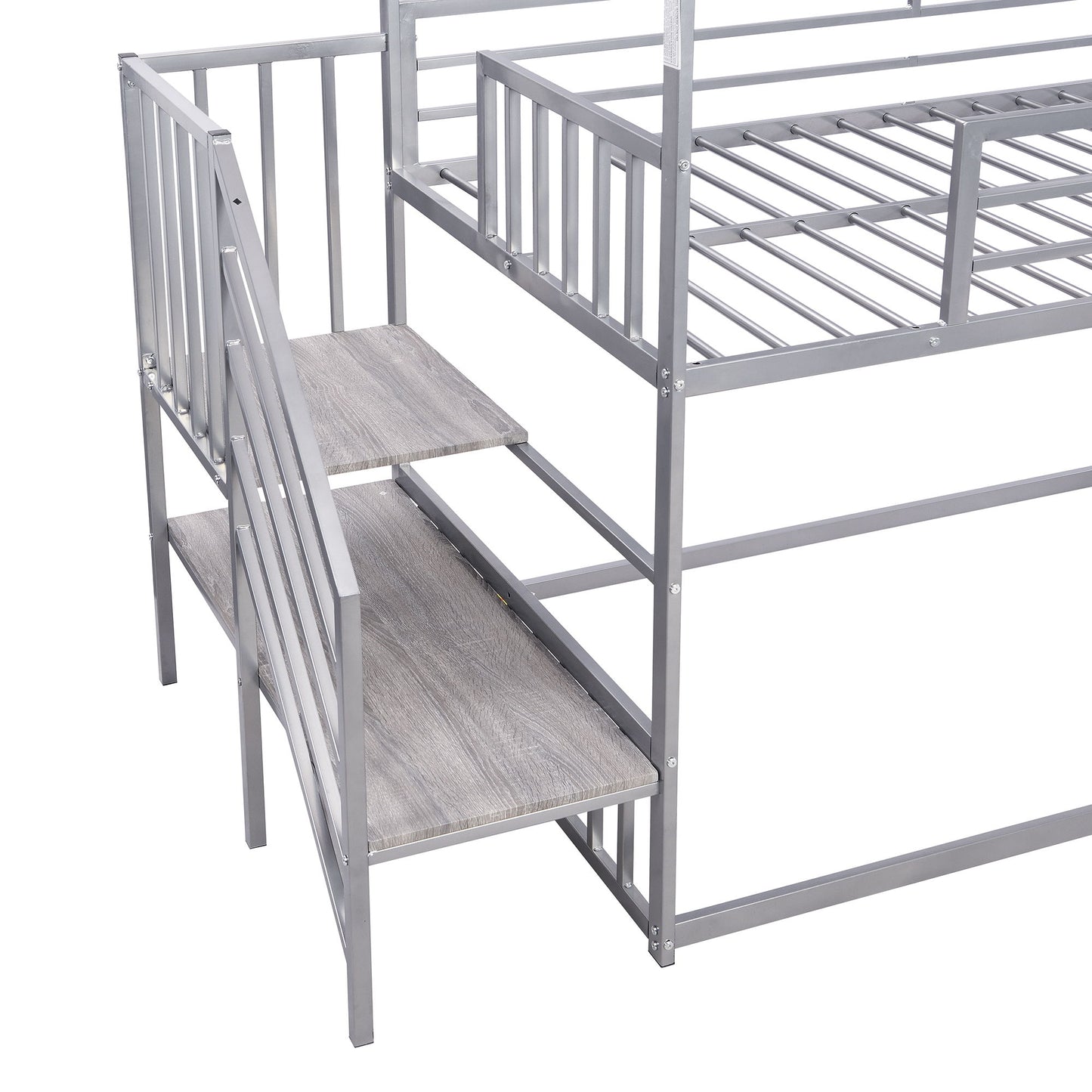 Twin Over Twin Metal Bunk Bed House Bed With Slide And Staircase - Silver