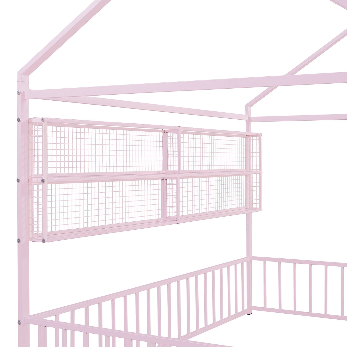 Full Size Bed House Frame With Fence And Shelves - Pink