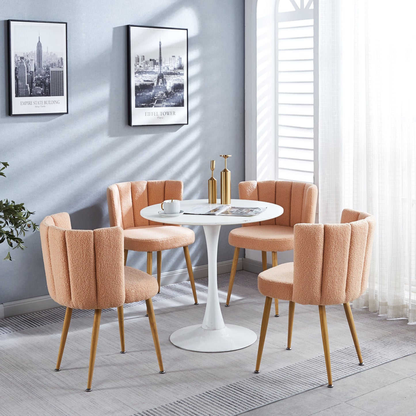 Modern Dining Chair (Set of 2) With Iron Tube Wood Color Legs, Shorthair Cushions And Comfortable Backrest, Suitable For Dining Room, Living Room, Cafe, Simple Structure - Light Beige