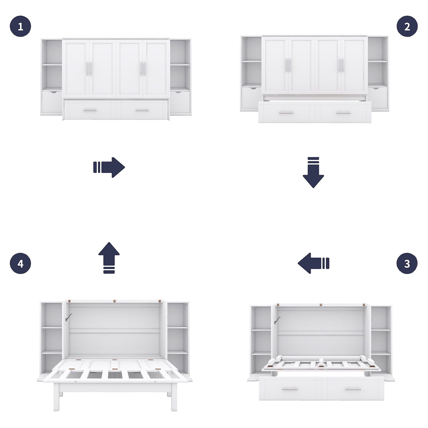 Full Size Murphy Bed With Shelves, Drawers And USB Ports - White