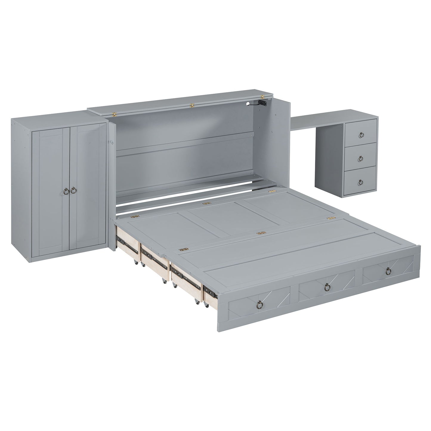 Queen Size Murphy Bed With USB Port, Large Drawer, And Wardrobe / Desk Combo Versatile Cabinet Bed - Gray