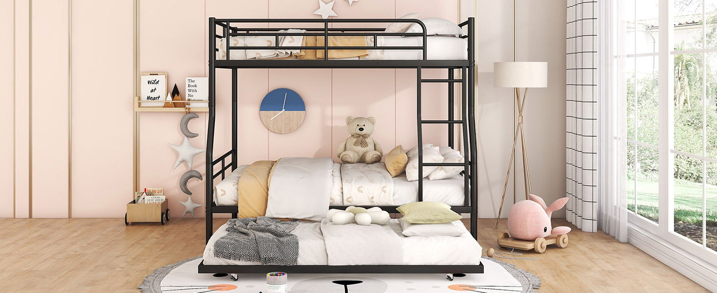 Full Long Over Queen Metal Bunk Bed With Trundle - Black