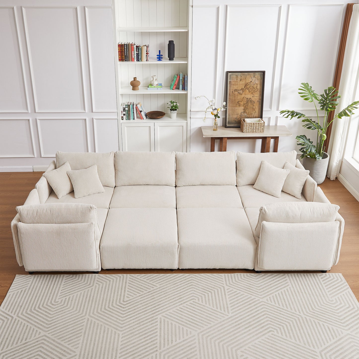 Multi Module Combination Style Sofa For Living Room And Other Lounge Spaces, Modern Minimalist Corduroy Combination Sofa With 2 Comfort Cushions With USB & C Charging Ports, 2 Sets - Beige