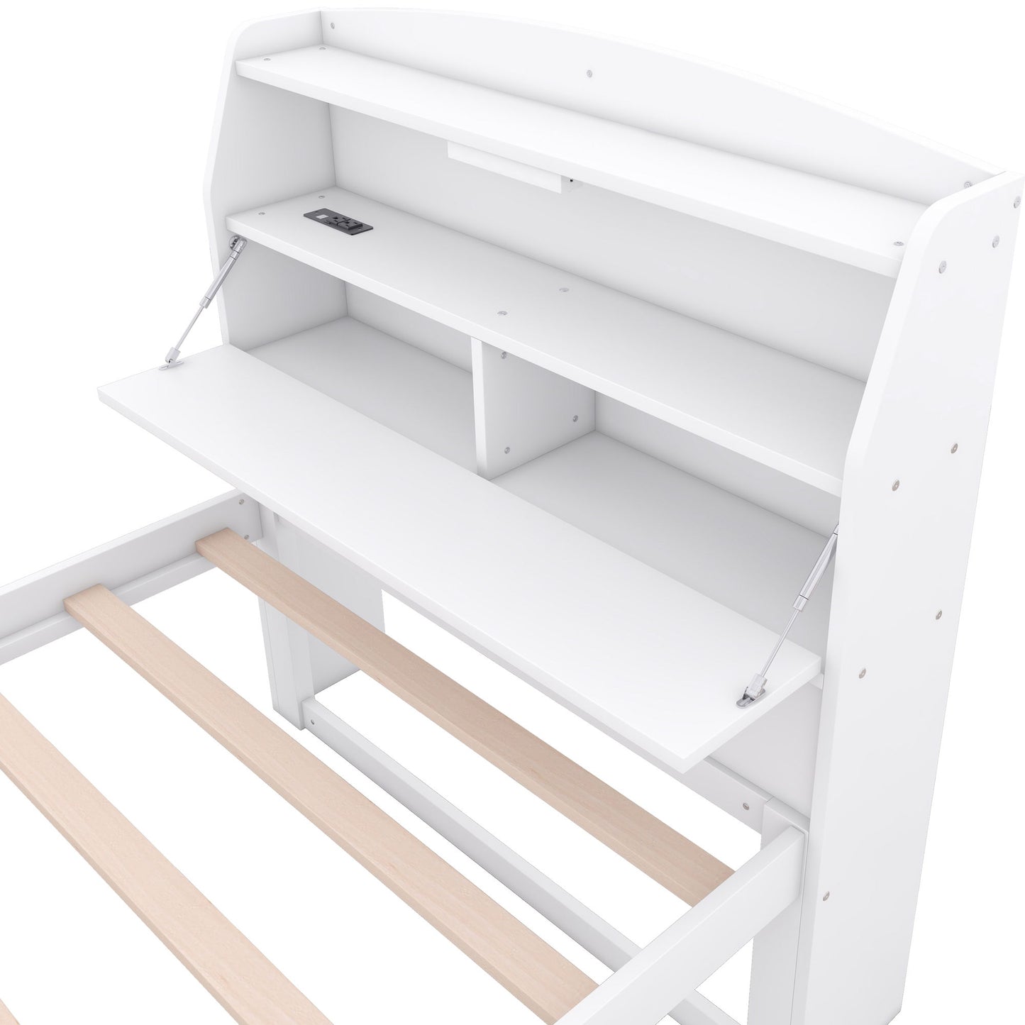 Twin Size LED Platform Bed With Trundle With Storage Headboard With Drawers - White