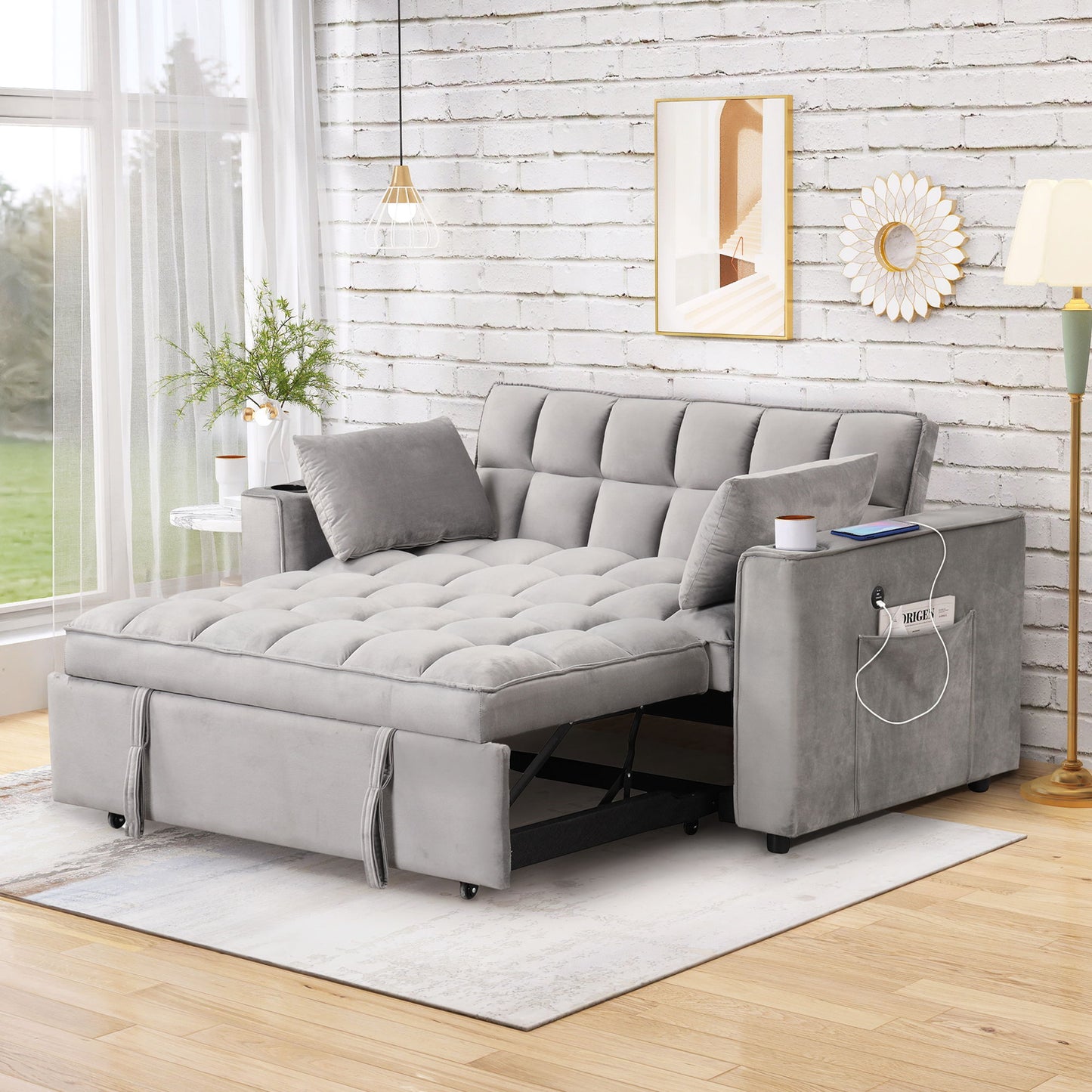Multi Functional Sofa Bed With Cup Holder And USB Port For Living Room Or Apartments - Gray