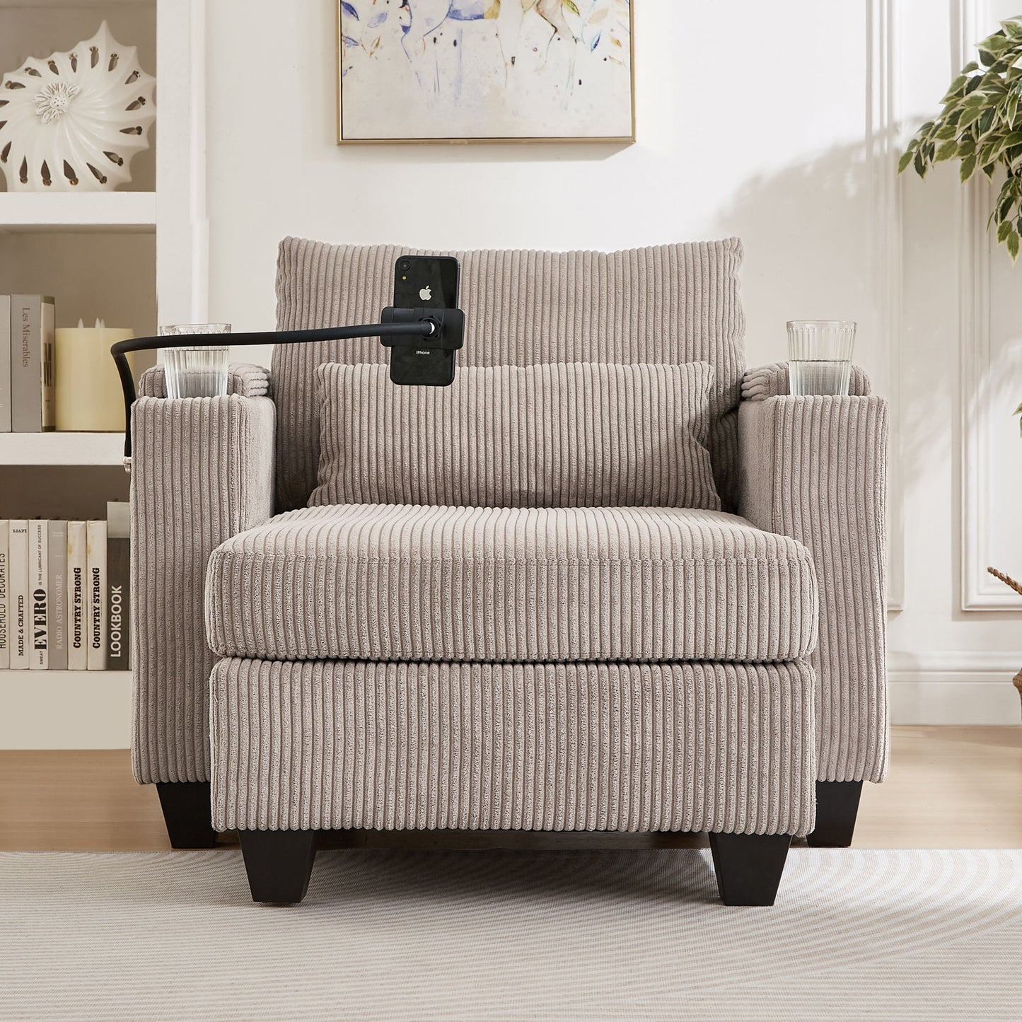 Convertible Chaise Lounge Sofa Chair With USB Ports, Cup Holders, Phone Holder, Storage - Brown