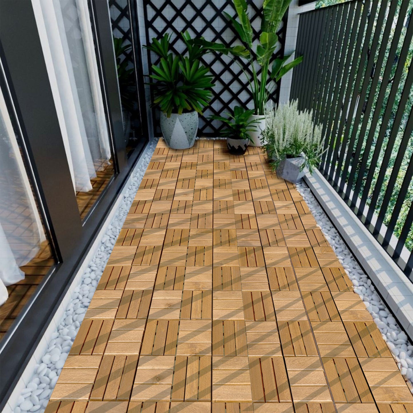 30 Piece Interlocking Deck Tiles Checker Pattern, Square Acacia Hardwood Outdoor Flooring For Patio, Bancony, Pool Side - Yellow