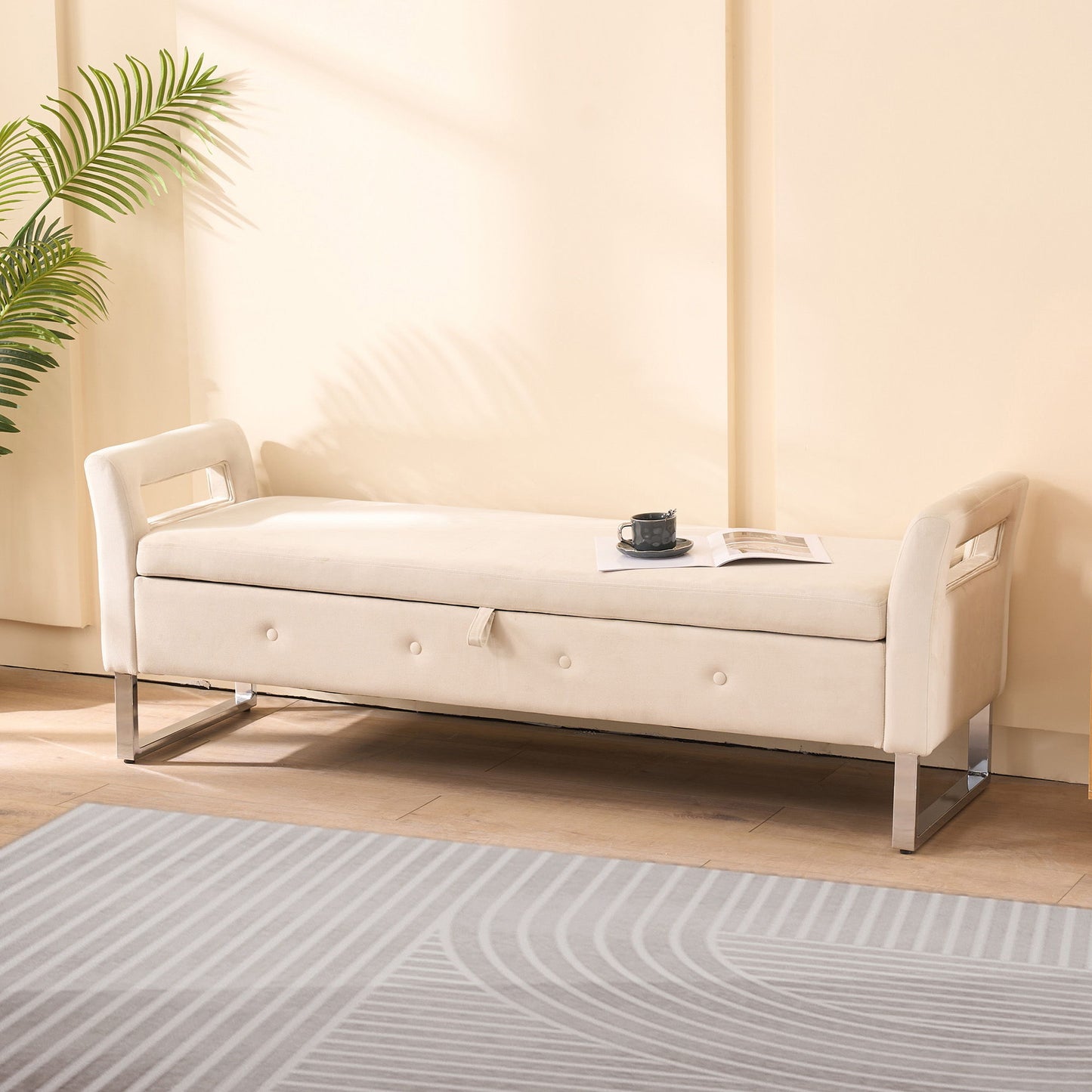 Wide Storage Soft Ottoman Bench With Armrests, Footrest Bed End Stool For Living Room, Dorm, Entryway And Bedroom - Beige - Beige
