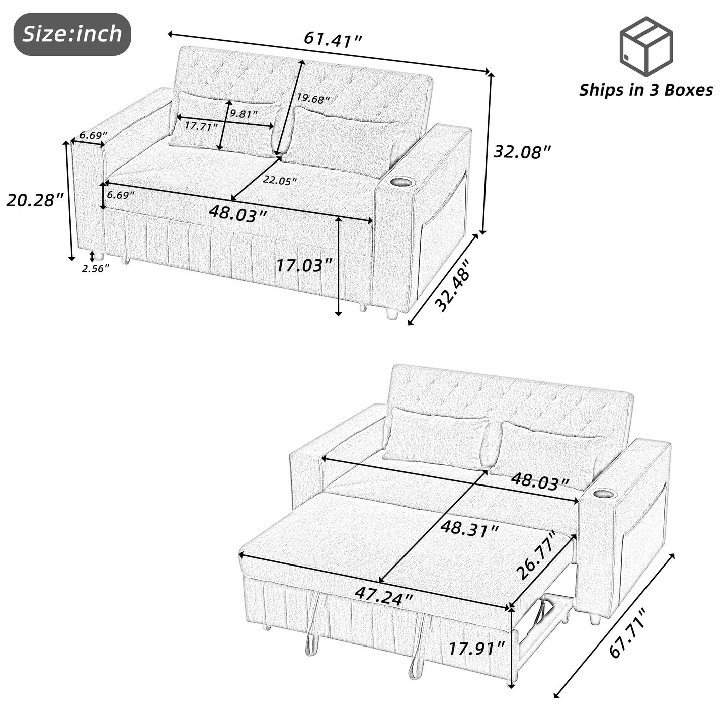 Pull Out Sofa Bed Convertible Couch Loveseat Sofa Modern Sleeper Sofa With Adjustable Backrest For Living Room - Beige
